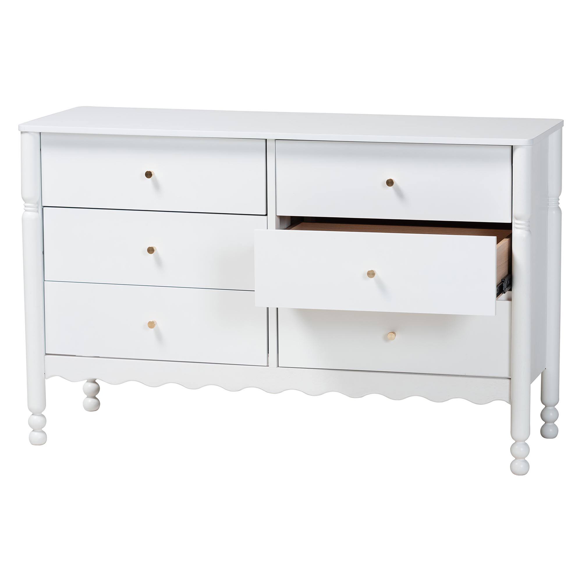 Left. Baxton Studio - Hoffman Dresser - 6-Drawer Horizontal Storage Cabinet with Scalloped Apron and Turned Legs for Bedroom - White.