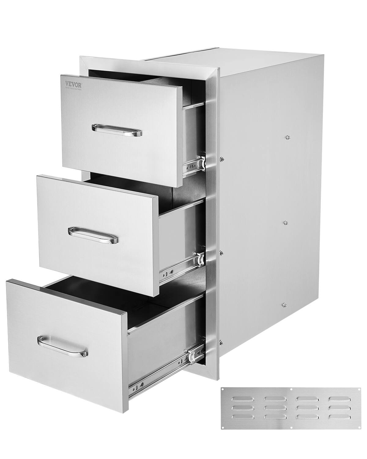 Front. VEVOR - Outdoor Kitchen Drawers, 18.5"W x 22.5"H x 22.5"D Triple Access Drawers, Stainless Steel Flush Mount Cabinets - Sliver.