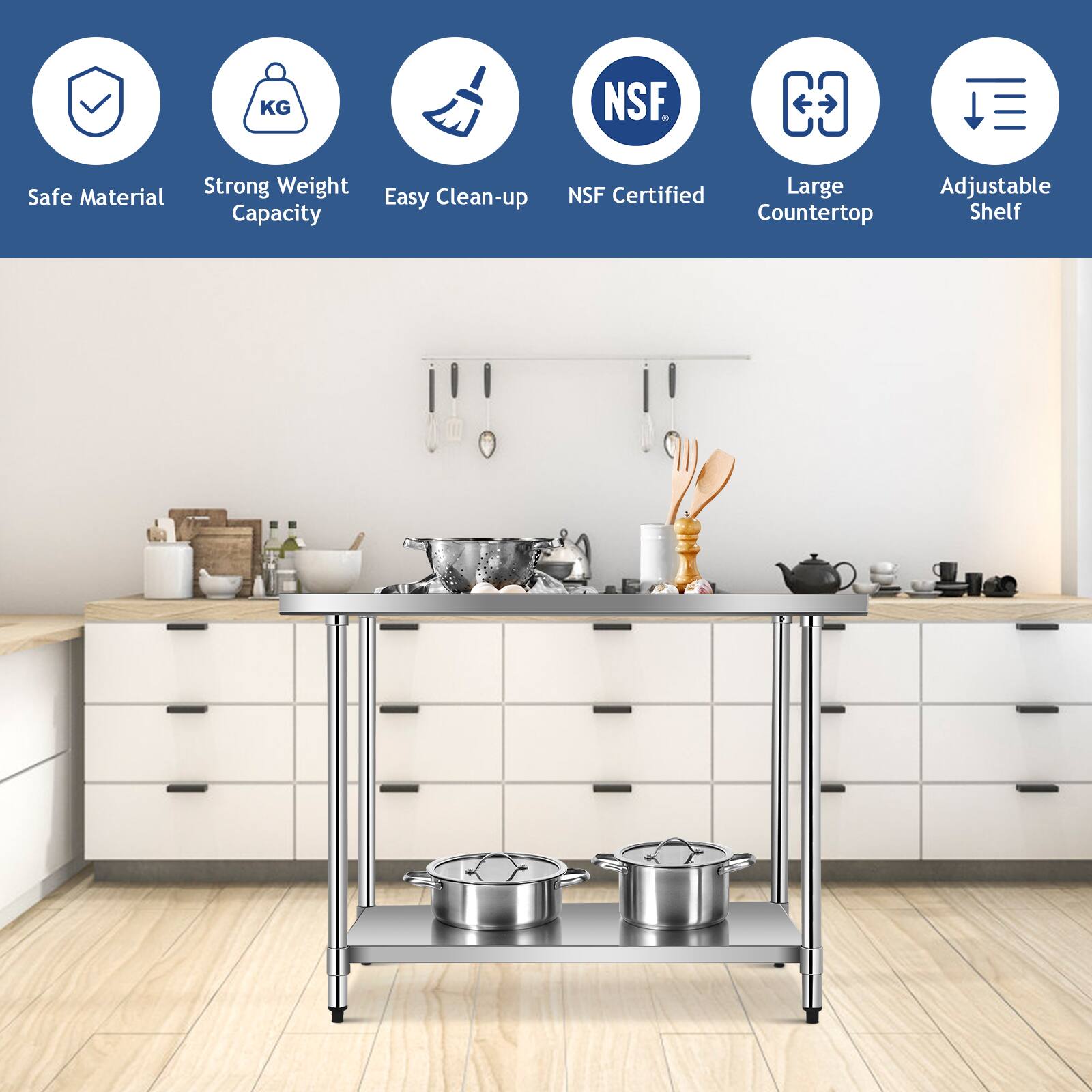 - Safe Material
- Strong Weight Capacity
- Easy Clean-up
- NSF Certified
- Large Countertop
- Adjustable Shelf