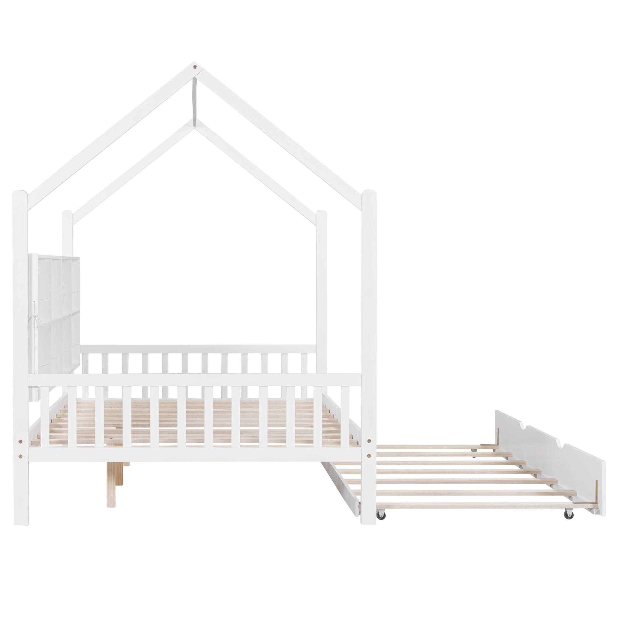 Alt View 5. GOODSILO - Full Size Wooden House Bed with Trundle and Back Shelf for Kids - Timeless Design - White.