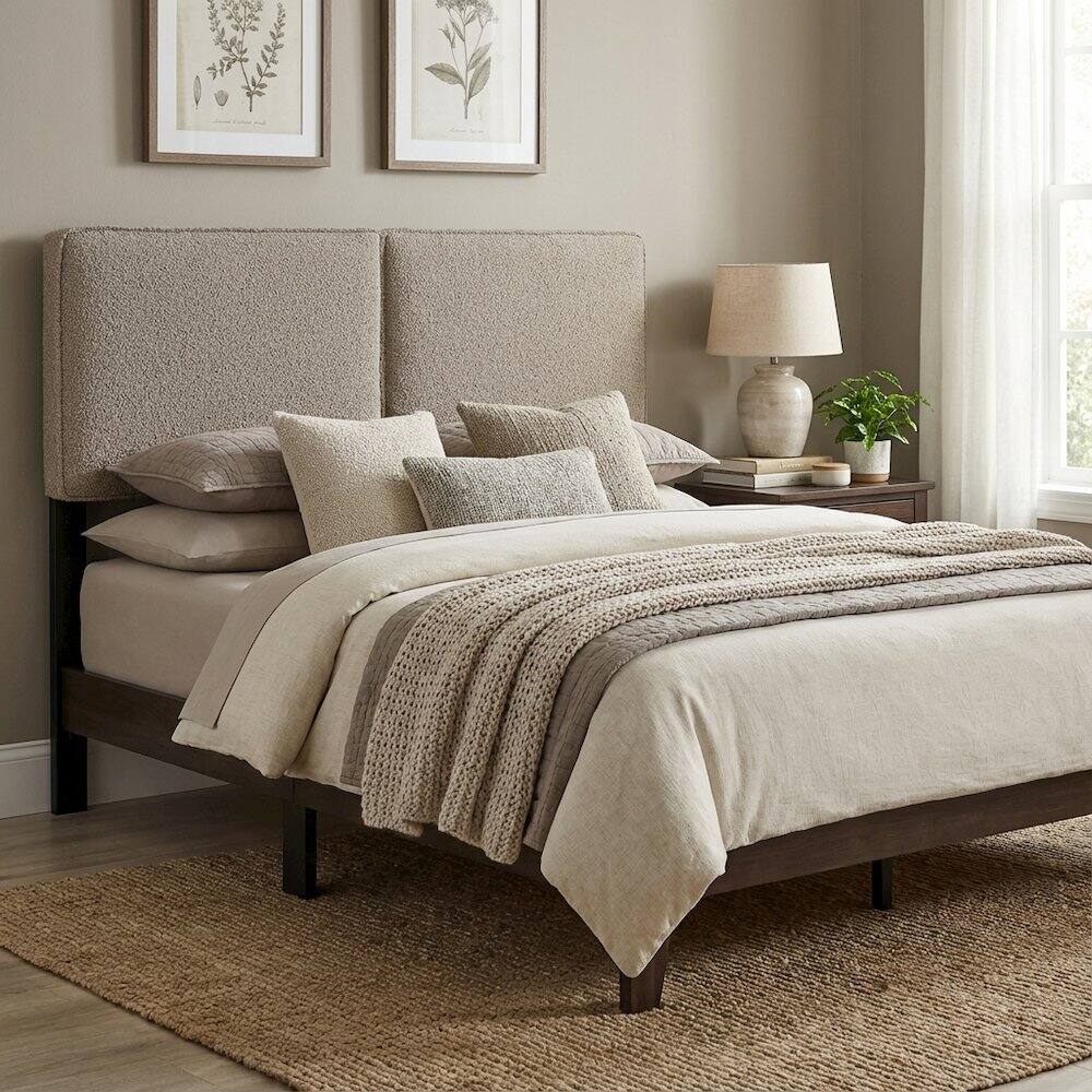 Left. FurniFact - Boucle Fabric King Headboard in Soft Neutral, Padded Upholstery, Durable Frame - Beige.