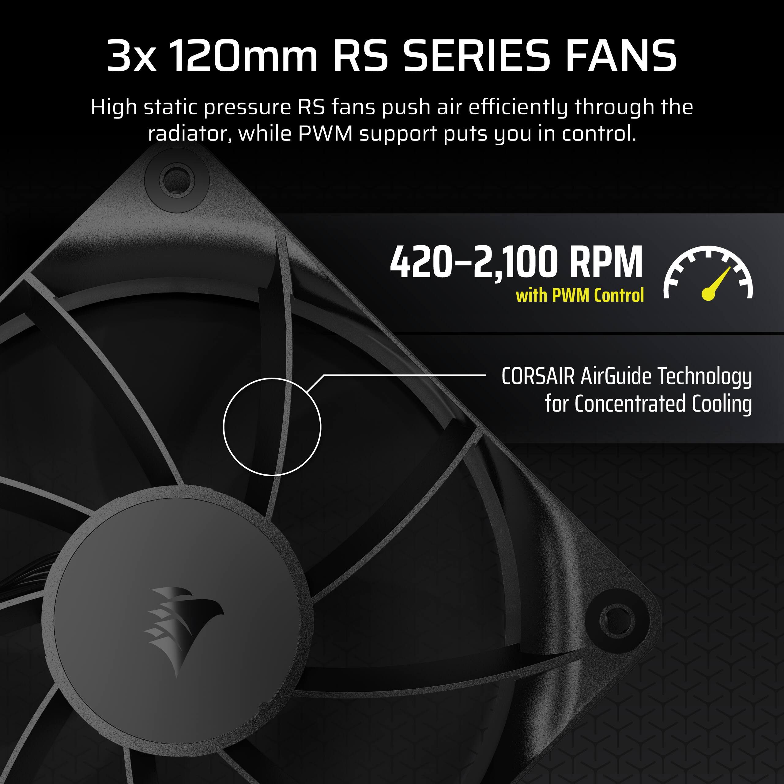 3x 120mm RS SERIES FANS

High static pressure RS fans push air efficiently through the radiator, while PWM support puts you in control.

420–2,100 RPM with PWM Control

CORSAIR AirGuide Technology for Concentrated Cooling