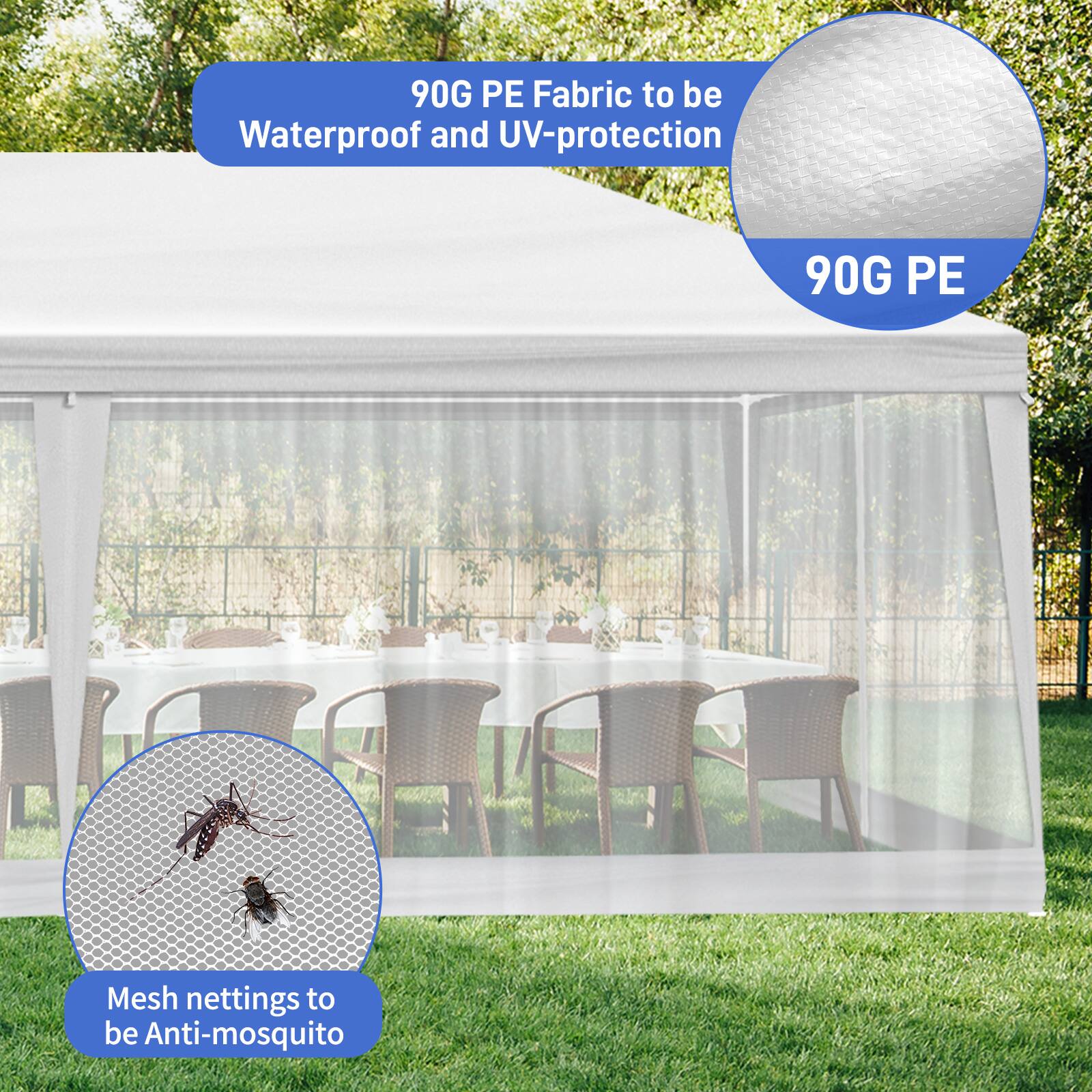 90G PE Fabric to be Waterproof and UV-protection  
90G PE Mesh nettings to be Anti-mosquito