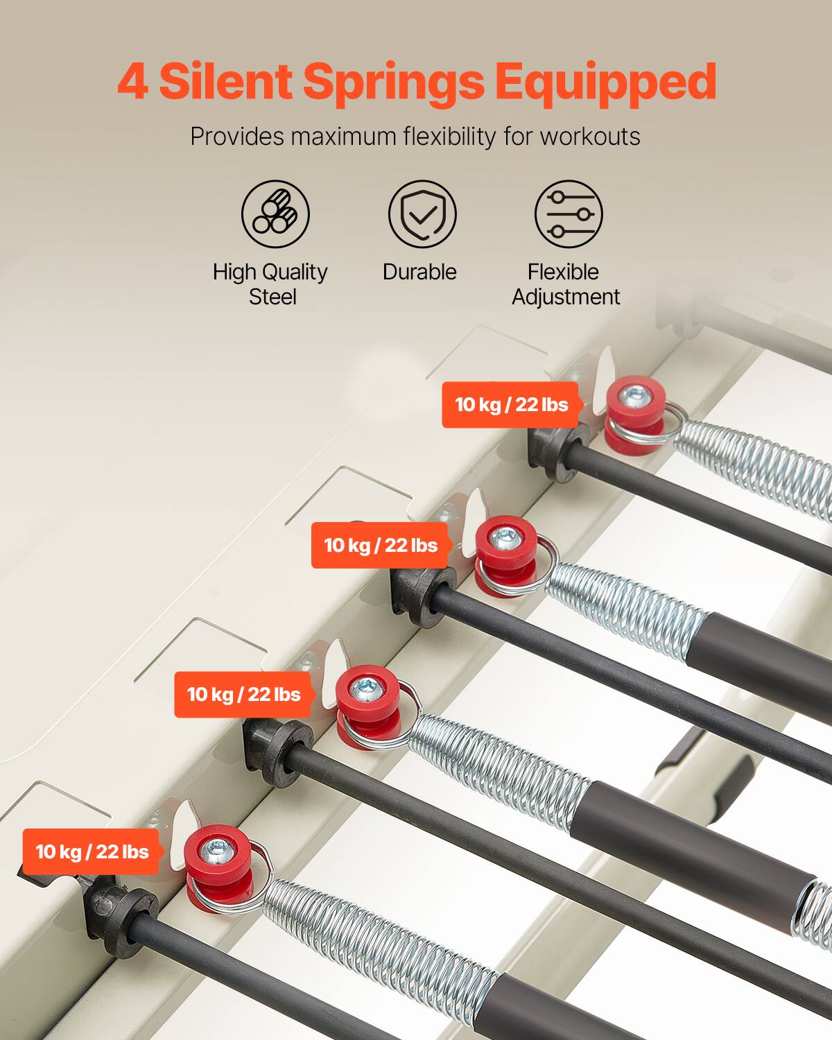 4 Silent Springs Equipped  
Provides maximum flexibility for workouts  
High Quality Steel  
Durable  
Flexible Adjustment  
10 kg / 22 lbs