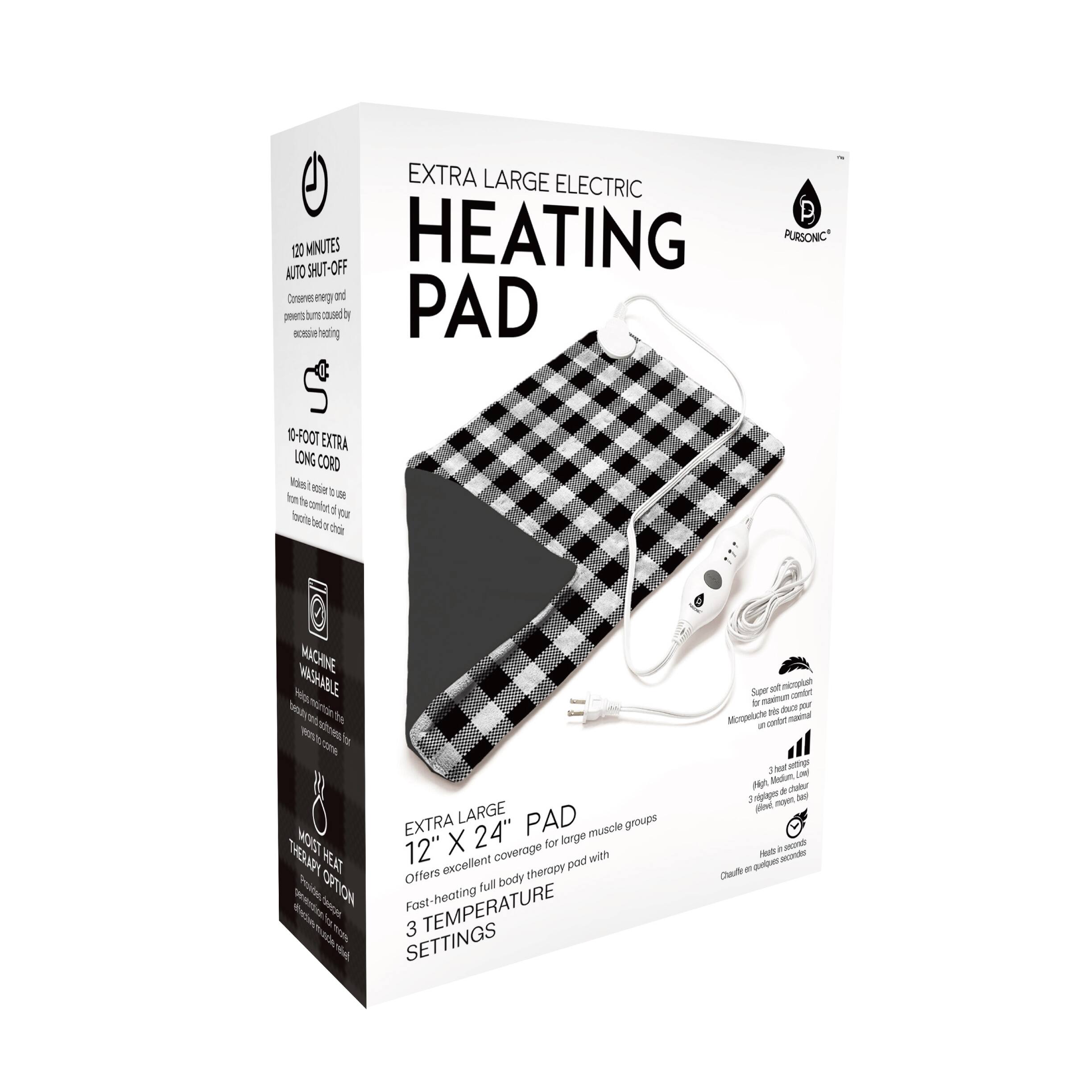 EXTRA LARGE ELECTRIC HEATING PAD

- 120 MINUTES AUTO SHUT-OFF
- 10-FOOT EXTRA LONG CORD
- MACHINE WASHABLE
- EXTRA LARGE PAD 12" X 24"
- 3 TEMPERATURE SETTINGS
- MOST HEAT THERAPY HEAT OPTION
- Fast-heating
- Excellent full body coverage
- Super soft mesh cover
- 3 heat ranges: High, Medium, Low
- Heats in seconds