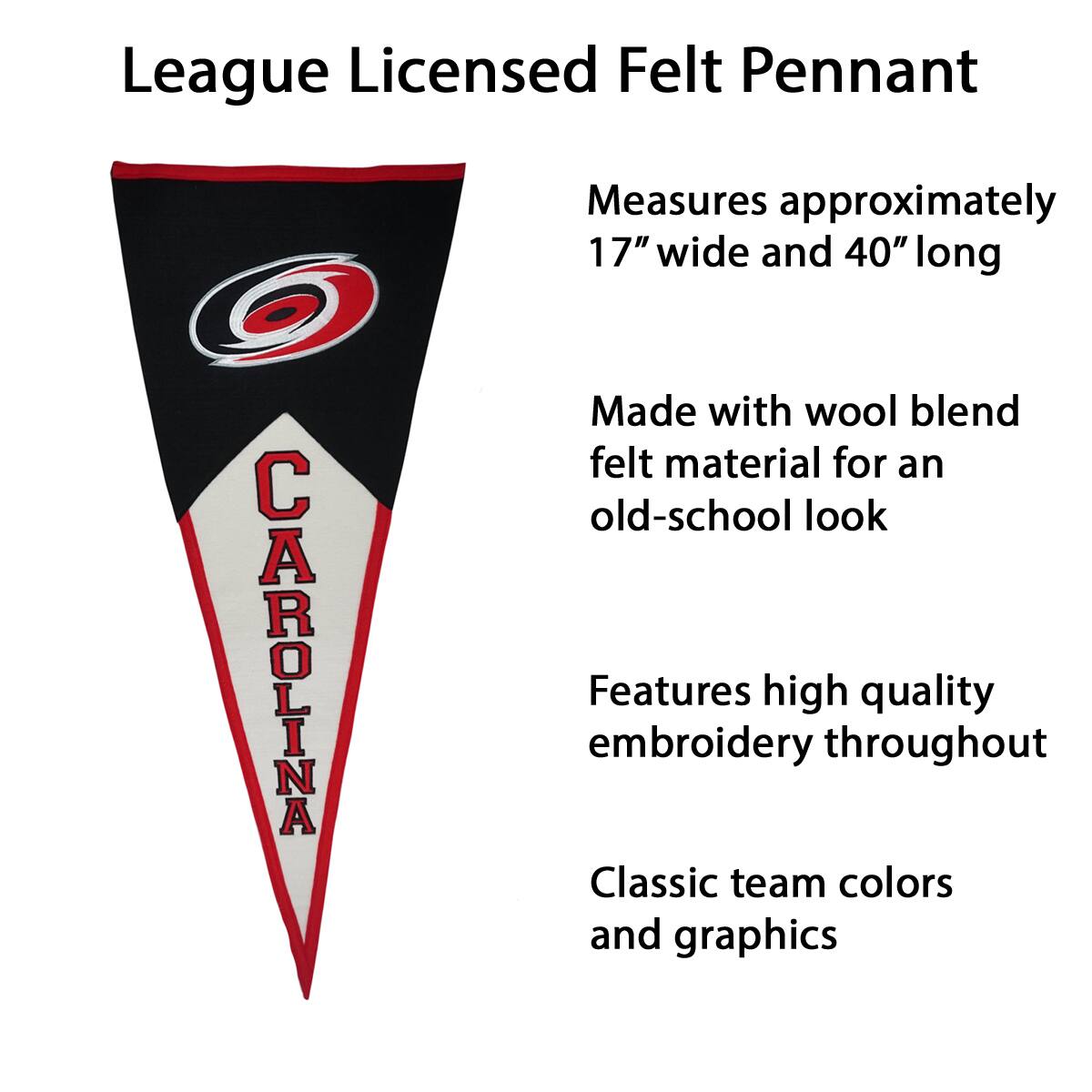 League Licensed Felt Pennant

- Measures approximately 17" wide and 40" long
- Made with wool blend felt material for an old-school look
- Features high quality embroidery throughout
- Classic team colors and graphics