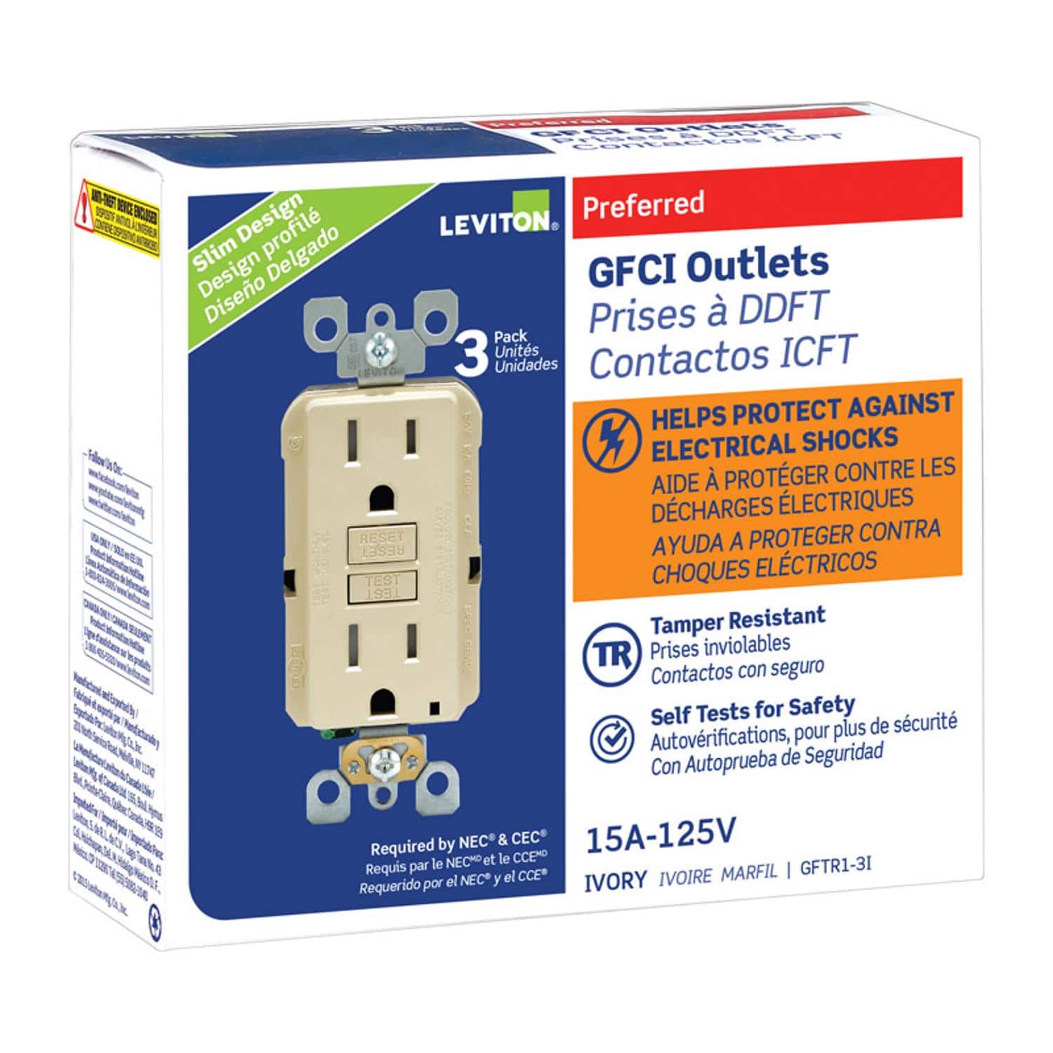 Leviton - SmartlockPro 15 amps 125 V Duplex GFCI Outlet 5-15R 3 pk - Ivory price history on PriceWatchPro