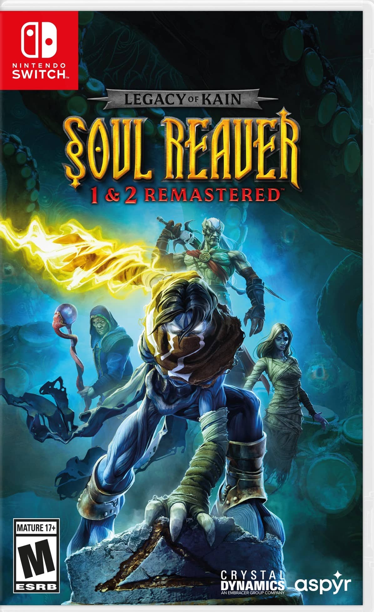 Nintendo Switch. Legacy of Kain: Soul Reaver 1&2 Remastered. Mature 17+. ESRB. Crystal Dynamics aspyr. An Embracer Group Company.