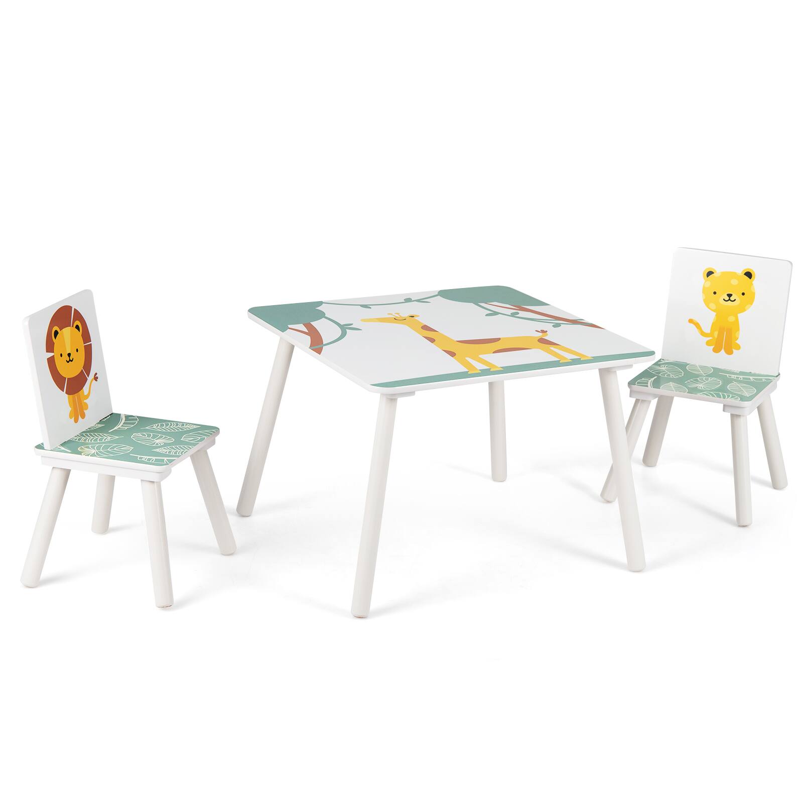 Alt View 1. Costway - Costway 3PCS Kids Table & Chairs Set with Animal Patterns Solid Wood Legs Rounded Corners - White + Green + Yellow.