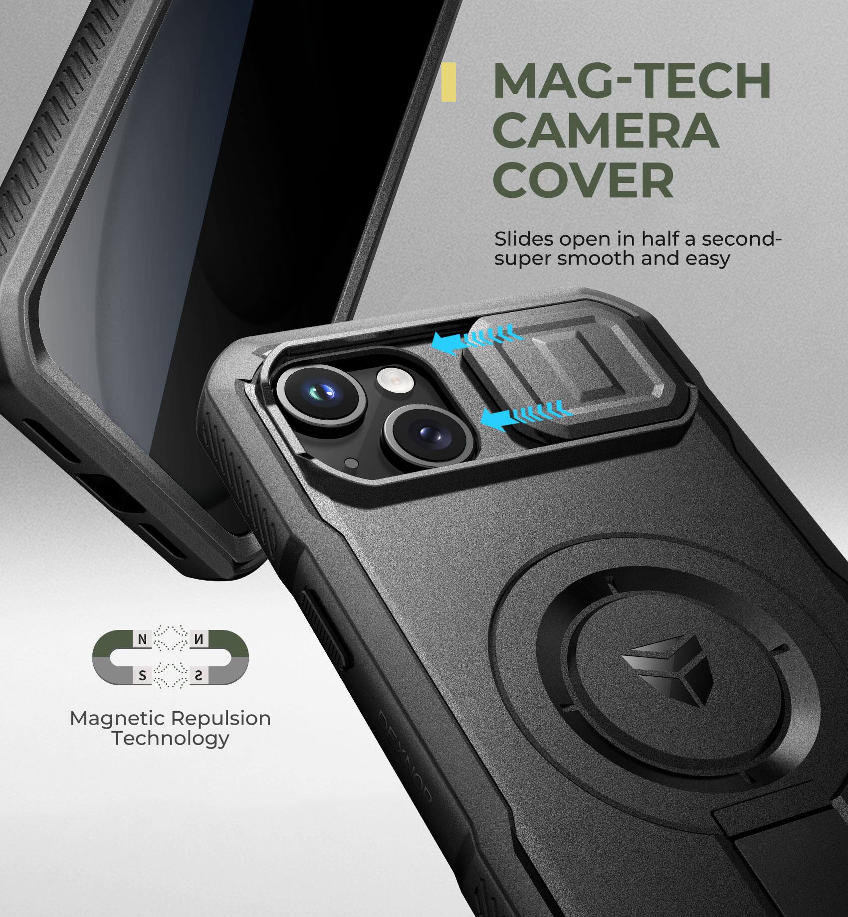 MAG-TECH CAMERA COVER  
Slides open in half a second- super smooth and easy  

Magnetic Repulsion Technology