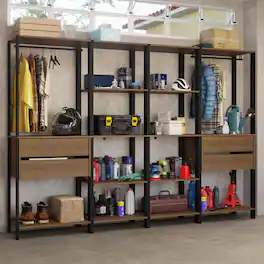 Madesa - Garage Storage Rack with 4 Drawers, Open Shelves and Hanging Spaces 102"L - Black/Brown - Rustic/Black