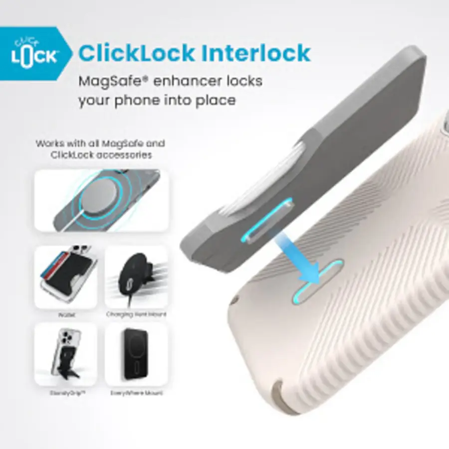 ClicLock Interlock MagSafe enhancer locks your phone into place. It works with all MagSafe and ClickLock accessories.