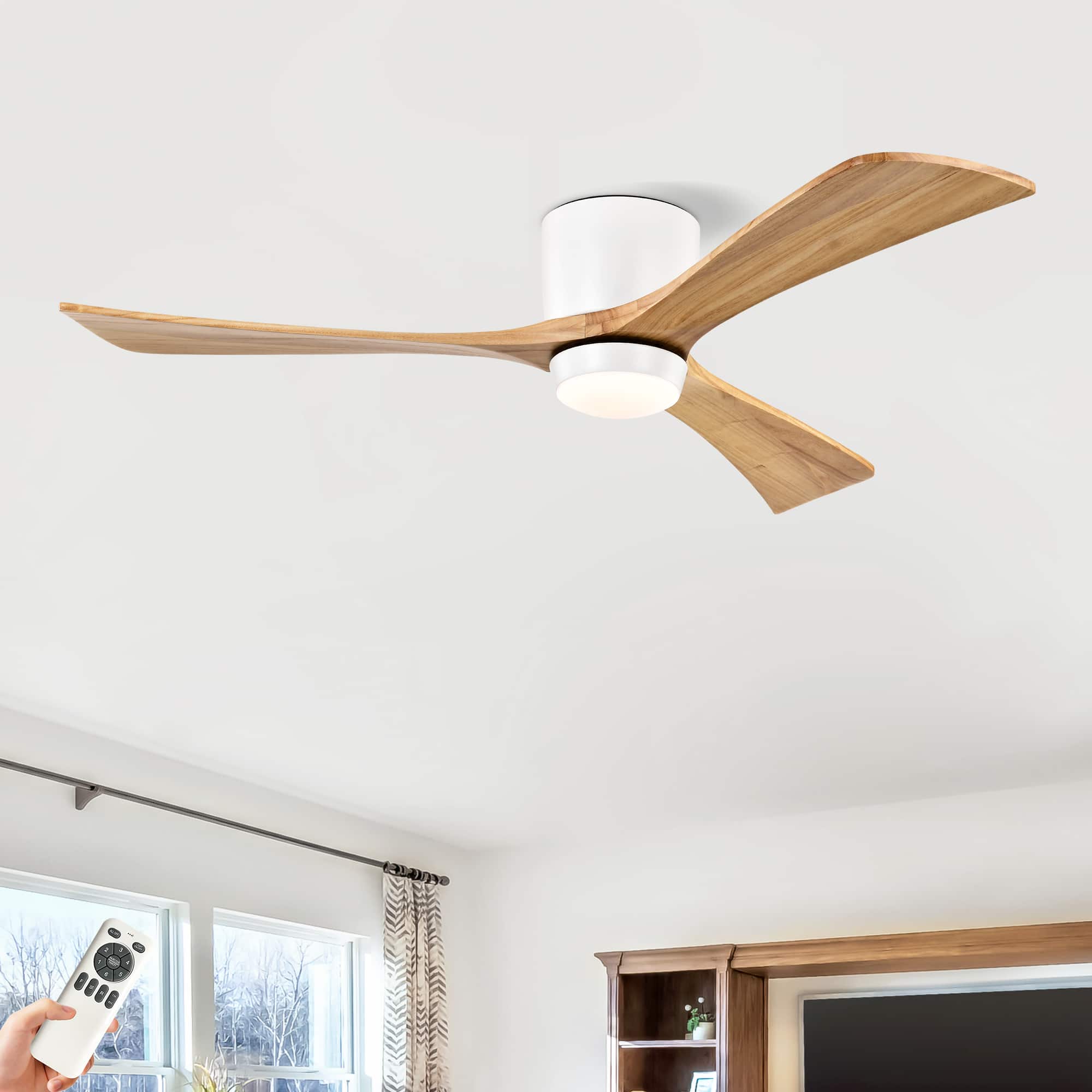 Sofucor - Quiet Flush Mount Ceiling Fans with Integrated LED Lights & Remote 6 Speed Solid Wood Blades Outdoor Indoor Ceiling Fan - White