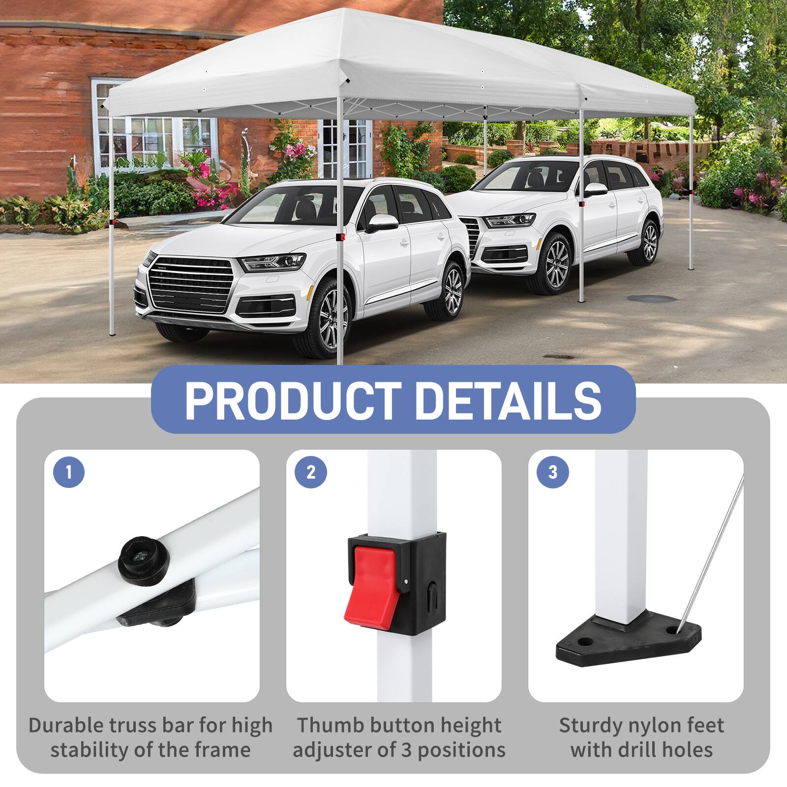 PRODUCT DETAILS

1. Durable truss bar for high stability of the frame
2. Thumb button height adjuster of 3 positions
3. Sturdy nylon feet with drill holes