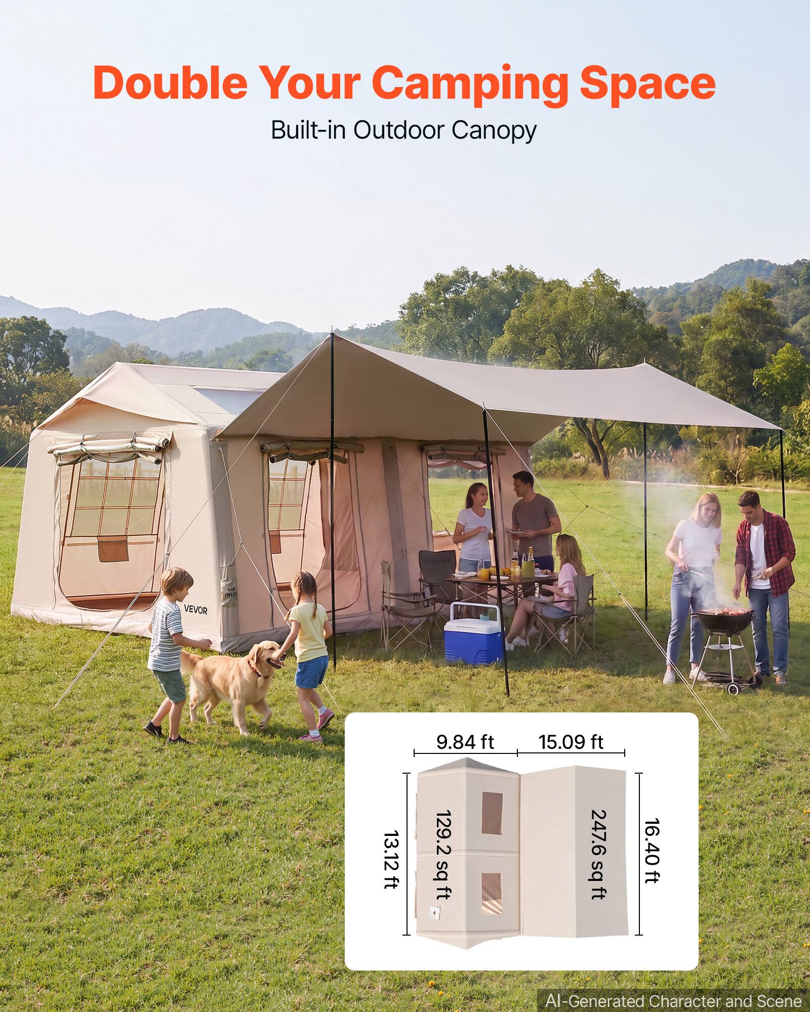 Double Your Camping Space  
Built-in Outdoor Canopy

VEVOR

9.84 ft  
15.09 ft  
13.12 ft  
129.2 sq ft  
247.6 sq ft  
16.40 ft

AI-Generated Character and Scene