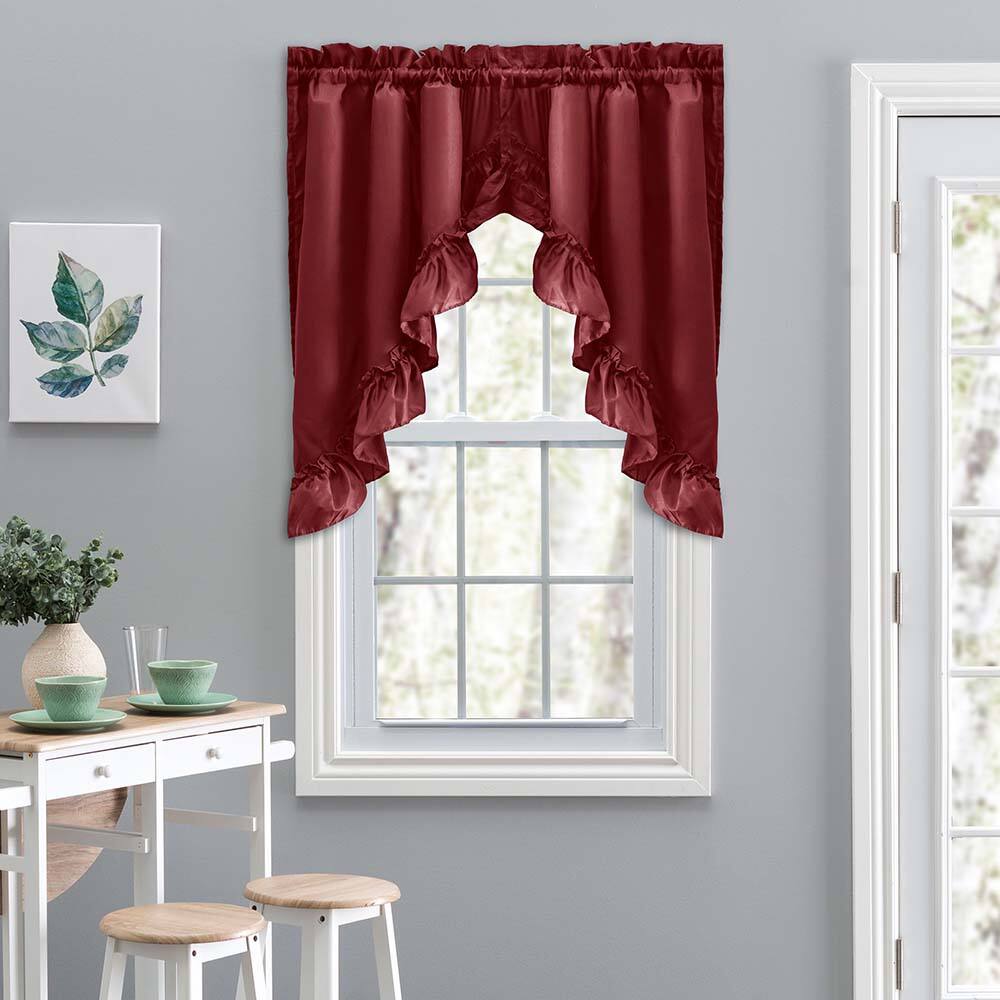 Angle. Ellis Curtain - Ellis Stacey 1.5" Rod Pocket High Quality Fabric Solid Color Window Ruffled Swag 60"x38" Merlot - Merlot.