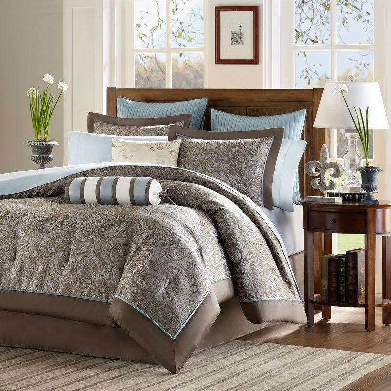 Back. Hivvago - California King 12-piece Reversible Cotton Comforter Set in Brown and Blue - Brown and Blue.