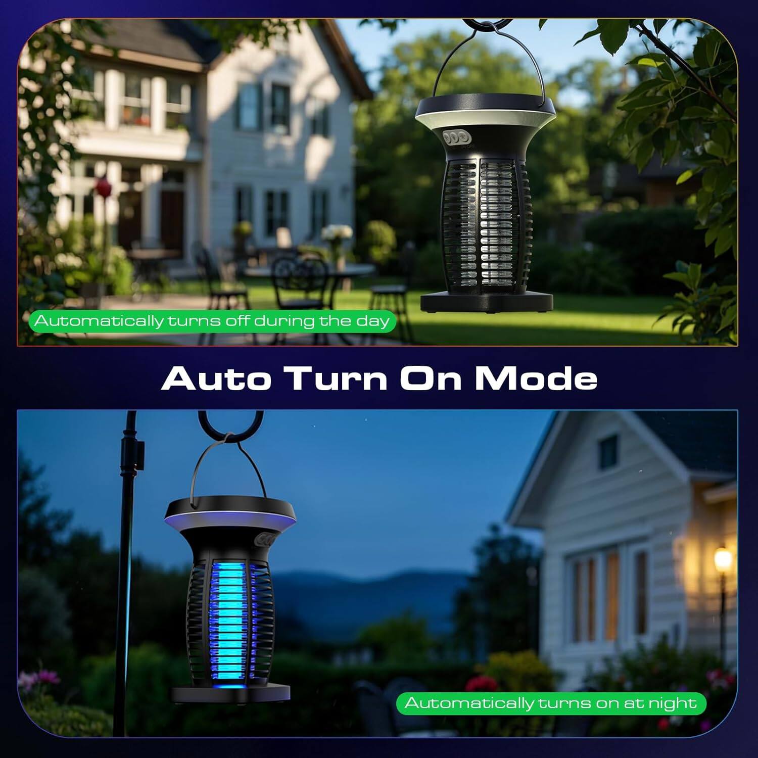 Automatically turns off during the day

Auto Turn On Mode

Automatically turns on at night