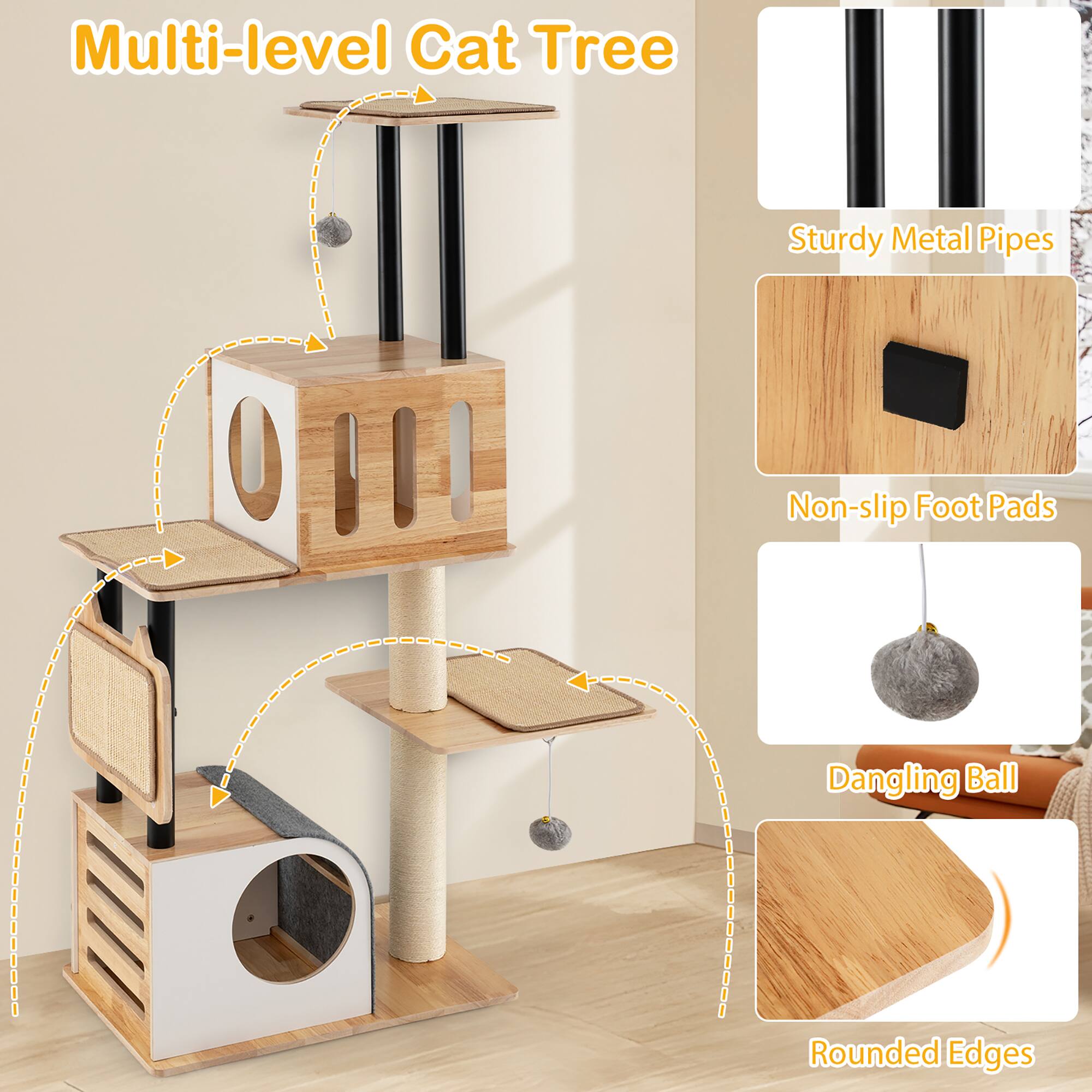 Multi-level Cat Tree

- Sturdy Metal Pipes
- Non-slip Foot Pads
- Dangling Ball
- Rounded Edges