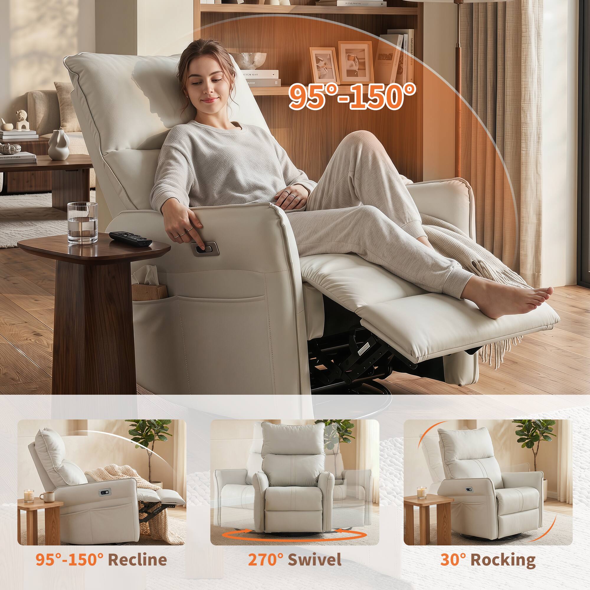 - 95°-150° Recline
- 270° Swivel
- 30° Rocking