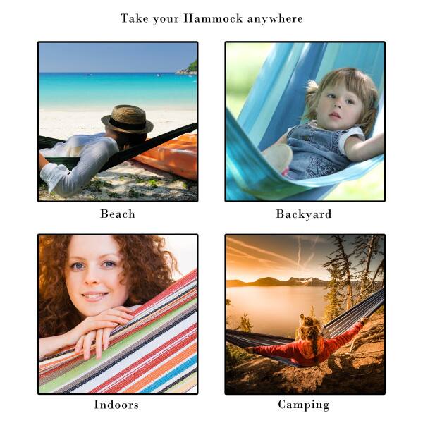 Take your Hammock anywhere

Beach  
Backyard  
Indoors  
Camping
