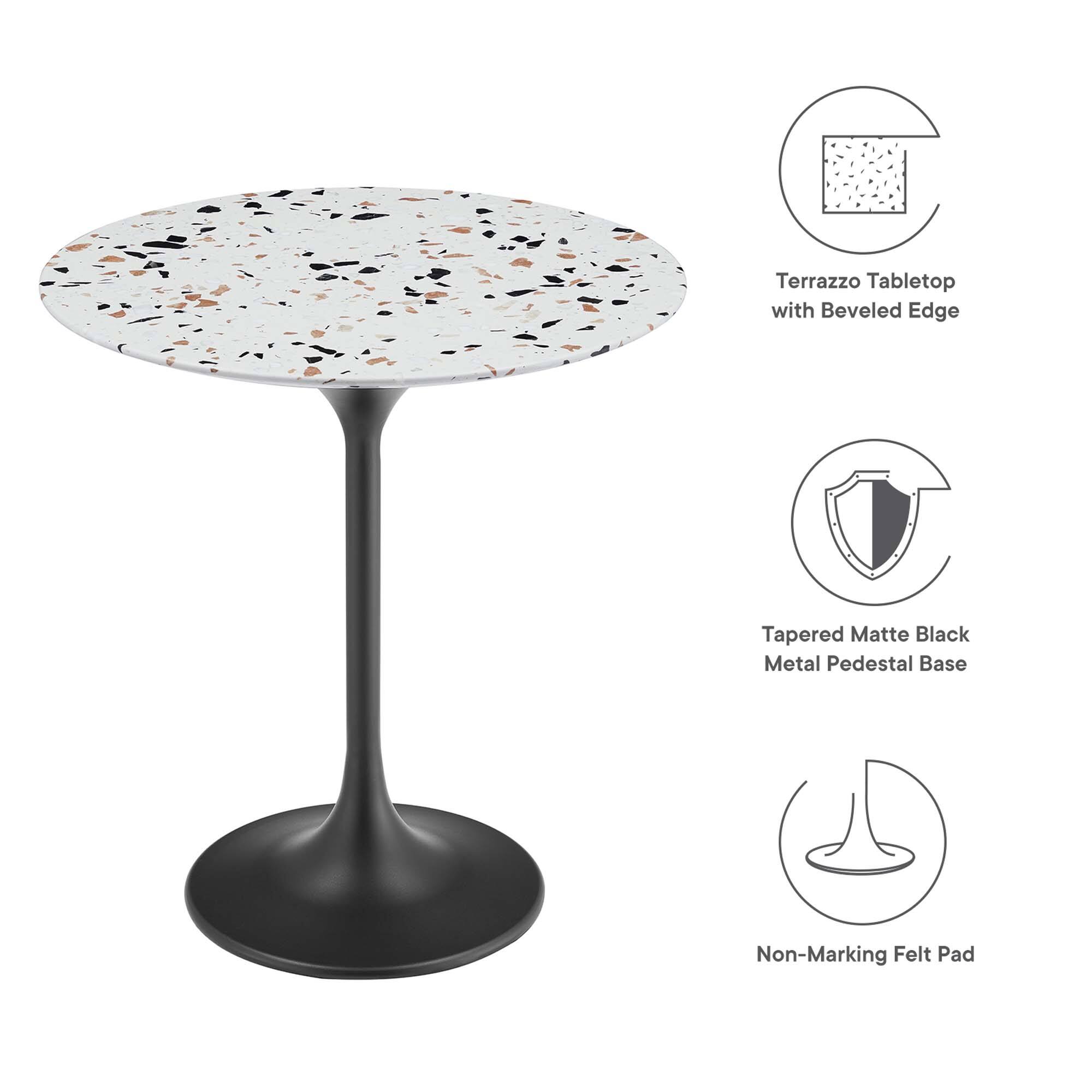 Terrazzo Tabletop with Beveled Edge  
Tapered Matte Black Metal Pedestal Base  
Non-Marking Felt Pad