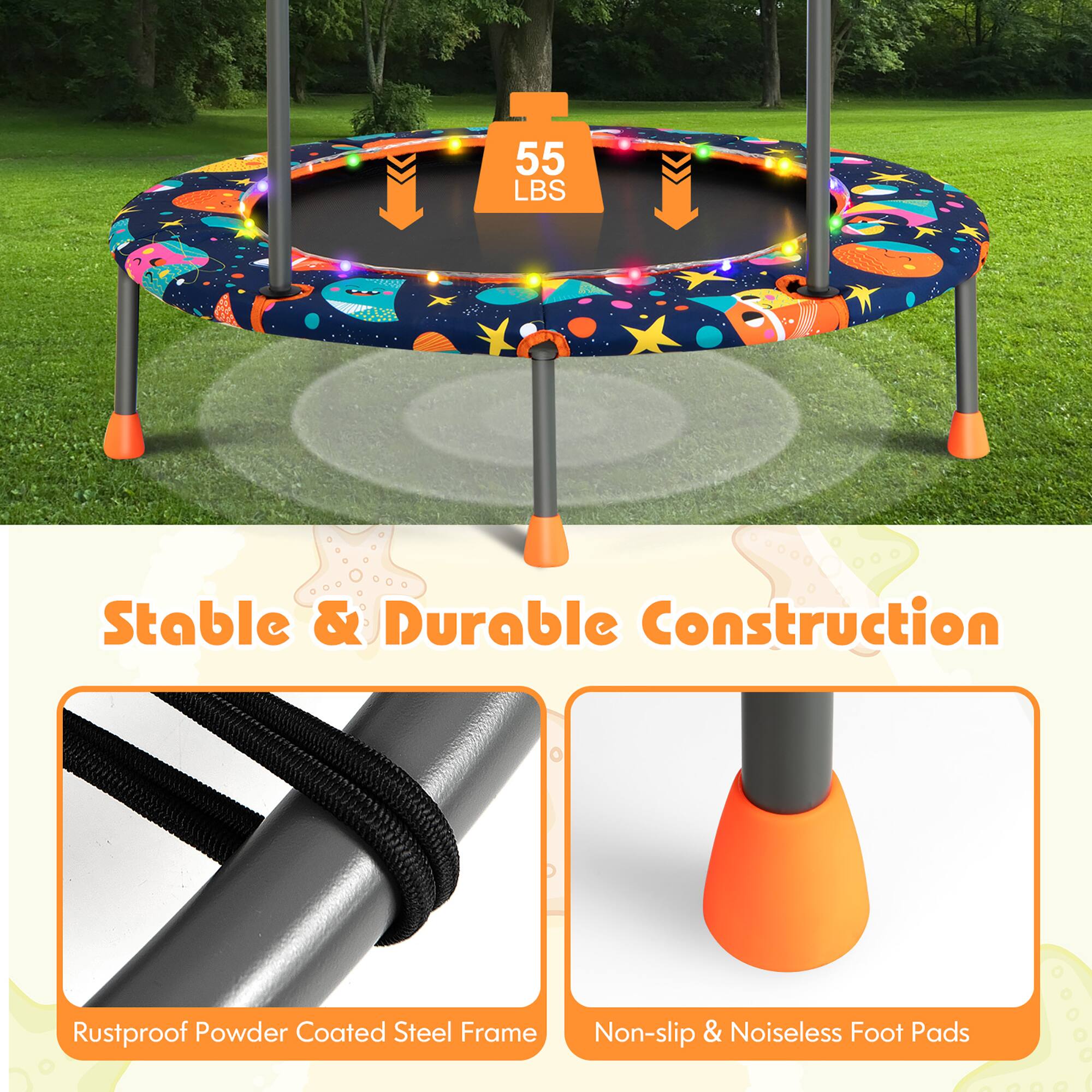 55 LBS

Stable & Durable Construction

Rustproof Powder Coated Steel Frame

Non-slip & Noiseless Foot Pads