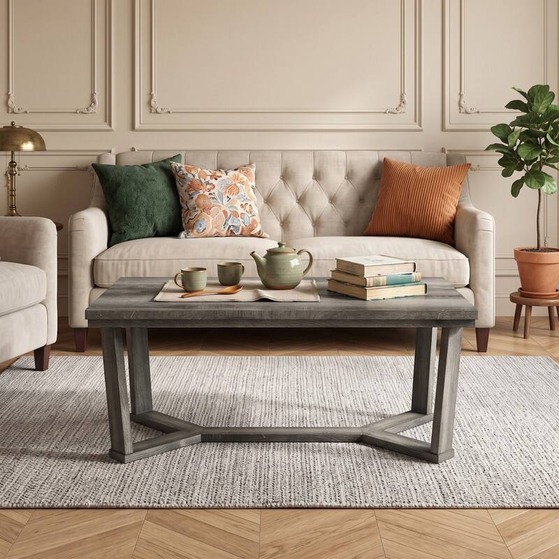 Angle. WELLFOR - 44" Farmhouse Coffee Table with Cross-Shaped Base,  Rectangle Wood Living Room Center Table - Gray.