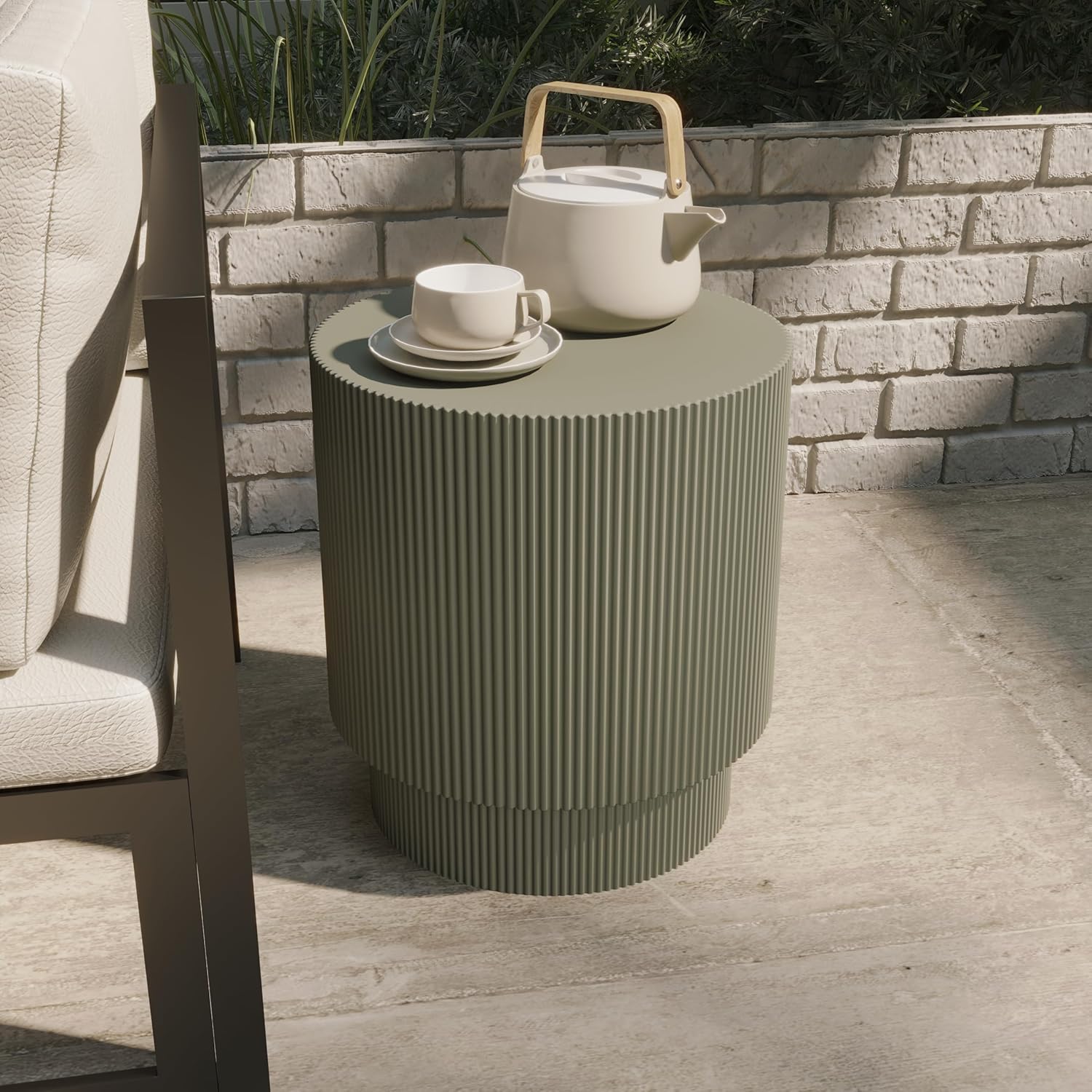 Left. LeisureMod - Eden Modern Stone Top Round Side Table, Indoor/Outdoor Weather Resistant Accent Table, Fully Assembled - Olive Green.