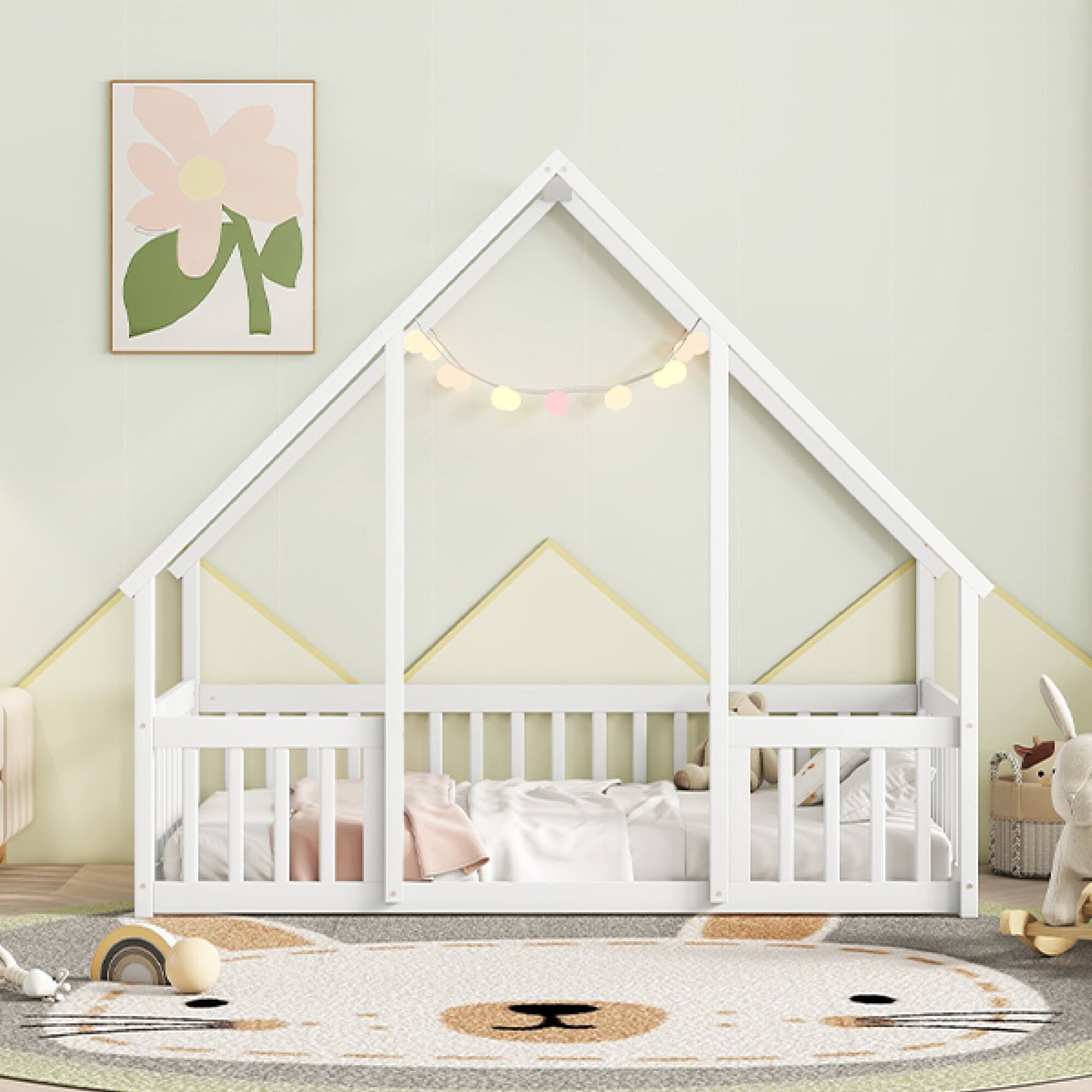 Alt View 9. GOODSILO - House-Shaped Twin Floor Bed with Safety Fence and Guardrails for Children's Playful Sleep Space - White.