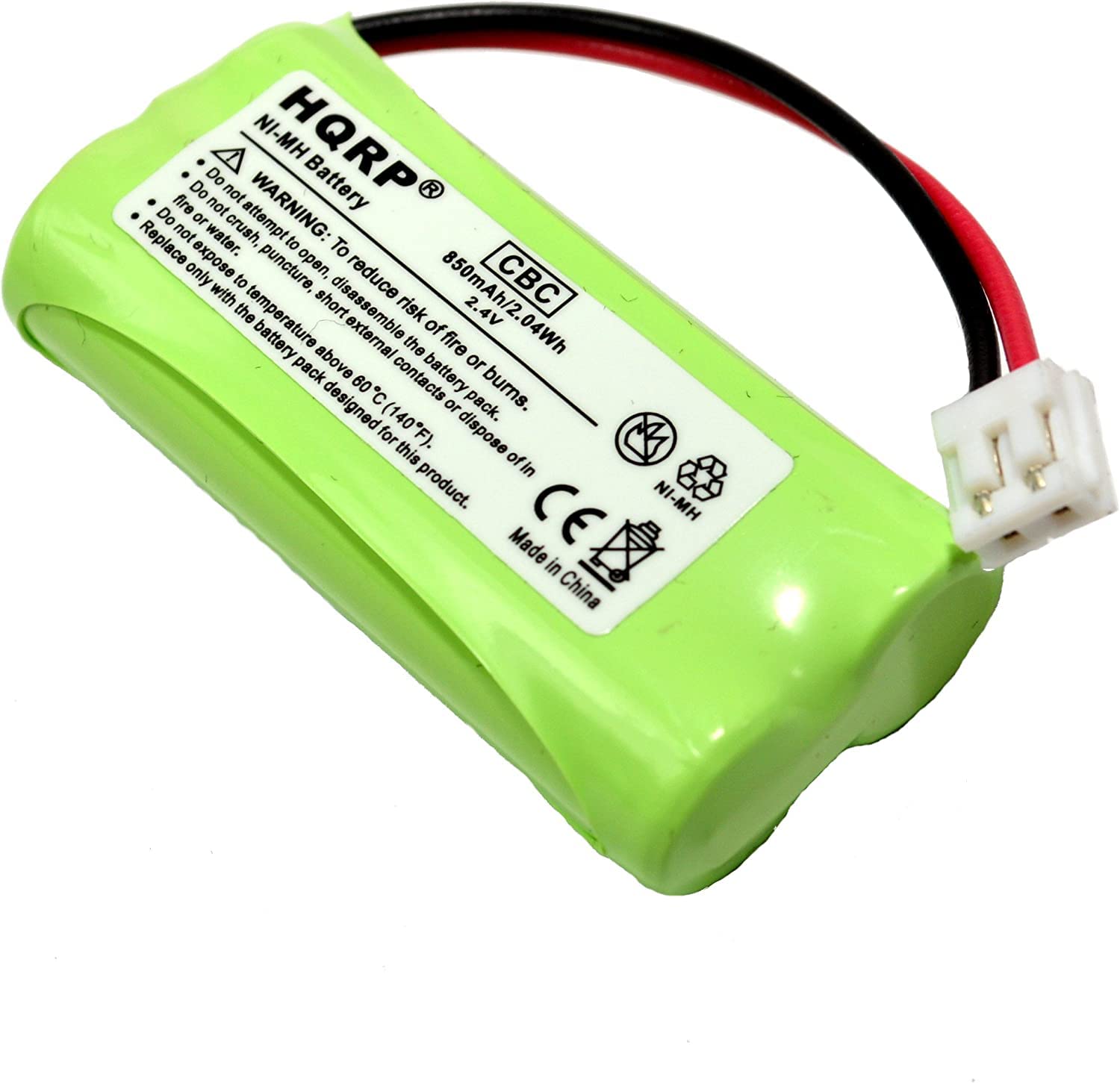 NI-MH HQRP Battery  
WARNING:  
- Do not crush, puncture, or expose to fire.  
- Do not expose to water.  
- Do not disassemble.  
- Do not short external contacts.  
- Do not dispose of in fire.  
- Replace only with the battery pack designed for this product.  
- Reduce risk of burns.  
- Do not expose to temperature above 80°C (140°F).  
- Made in China  
- CE  
- 850mAh/2.4V  
- 2.04Wh
