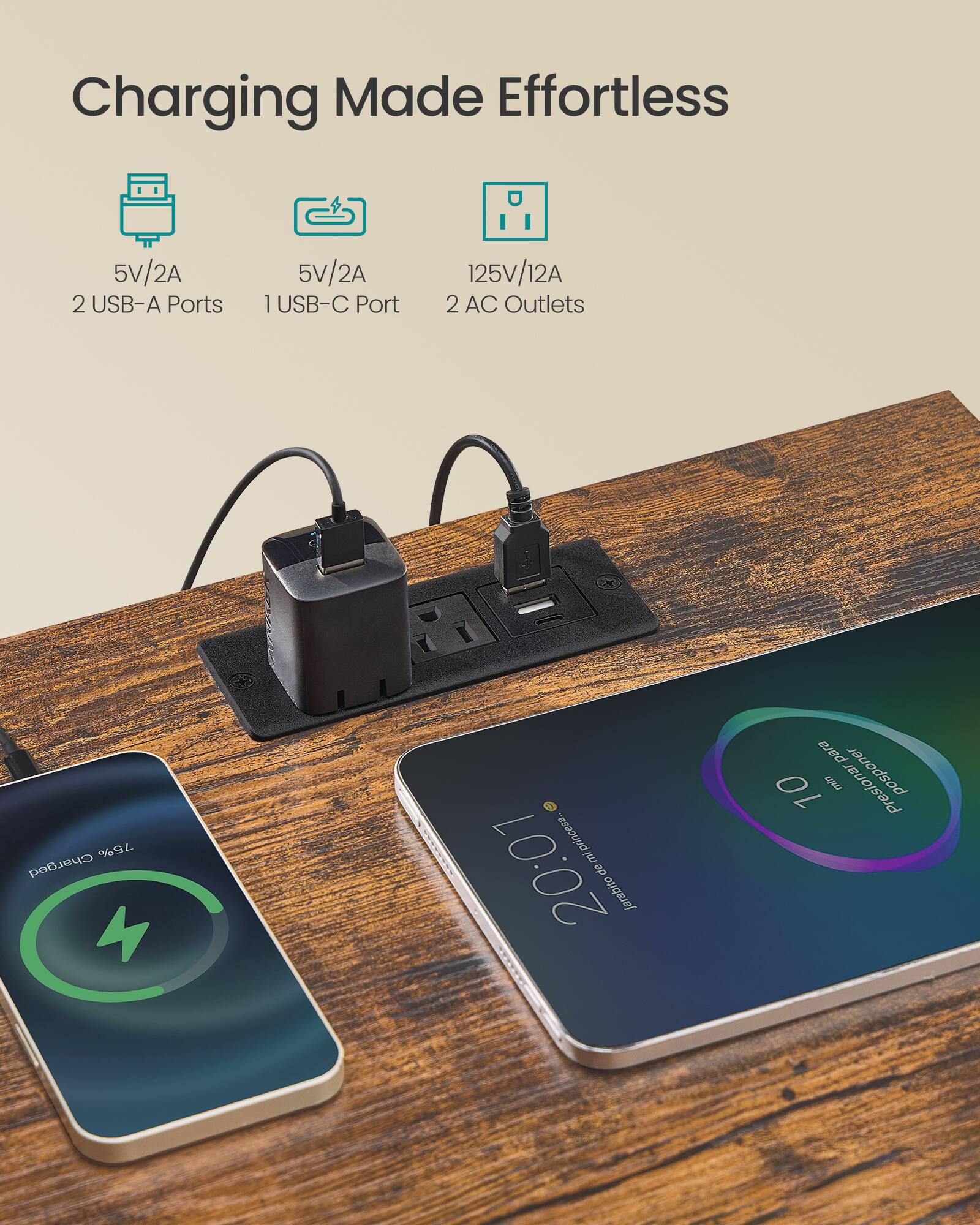 Charging Made Effortless

5V/2A 2 USB-A Ports  
5V/2A 1 USB-C Port  
125V/12A 2 AC Outlets

2 c 75% Charged  
0 princesa  
20:01 de jarabito para 10 ws posponer