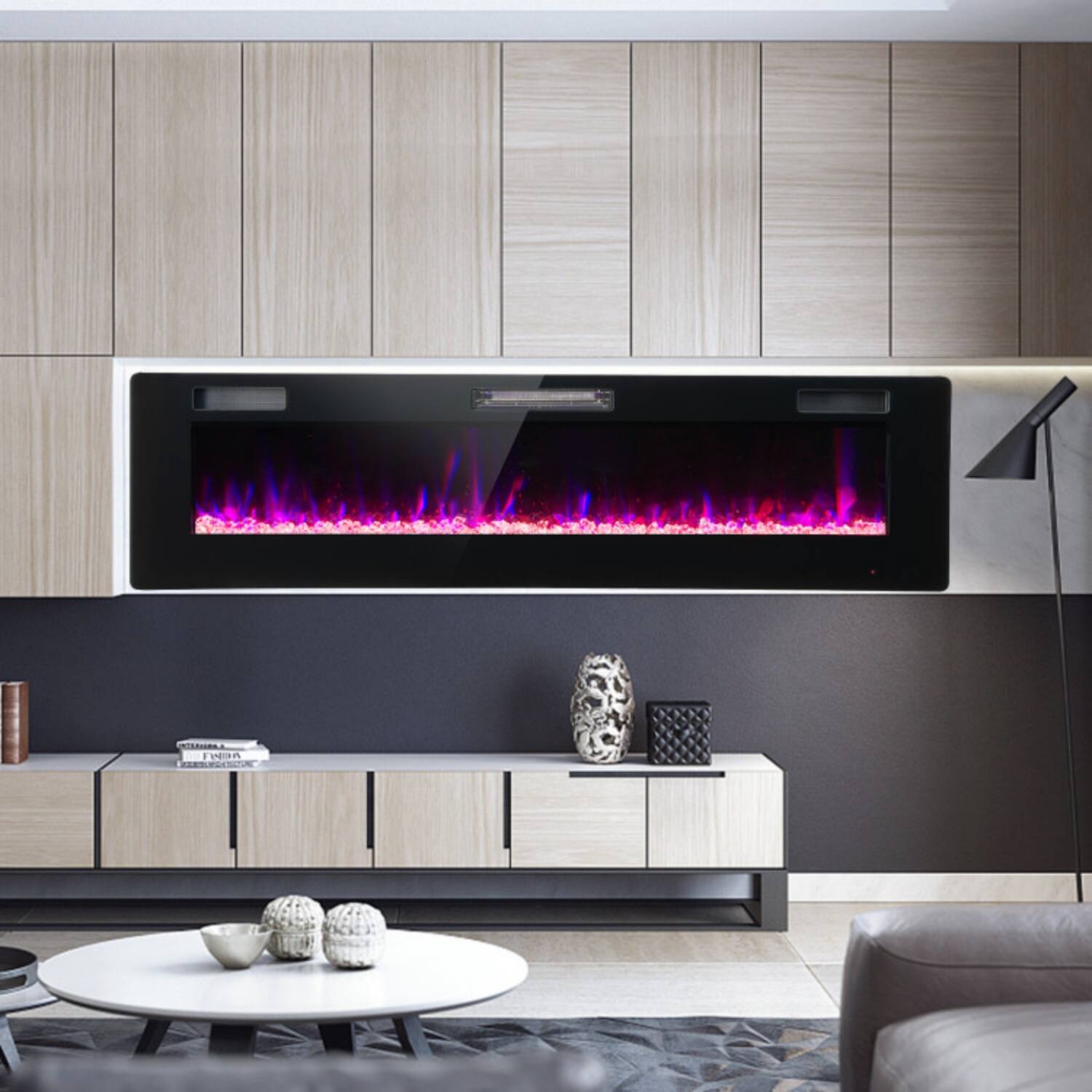 Front. LUCKY ONE - 60 Inch Ultra-Thin Wall Mounted/Recessed Electric Fireplace with Timer - Black.