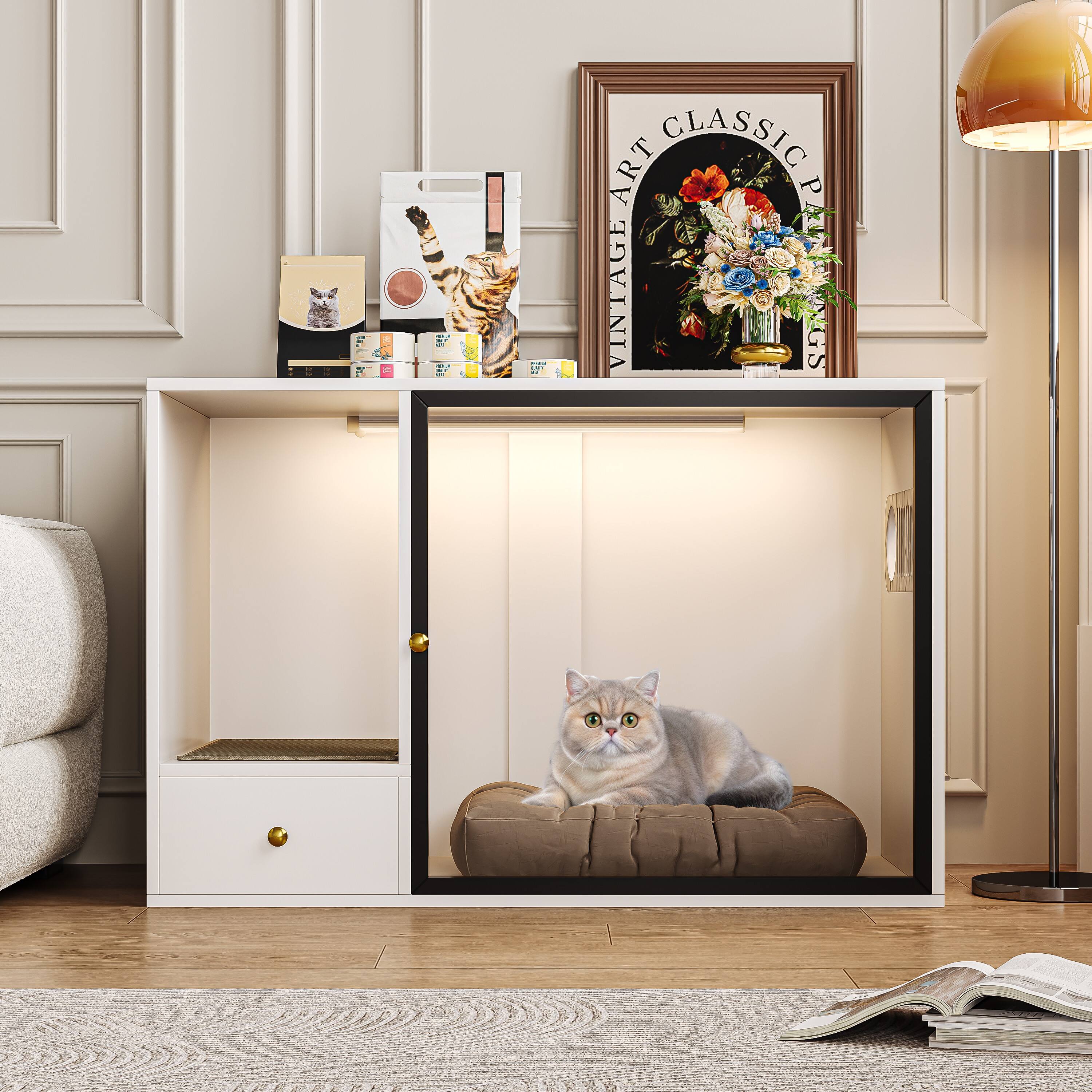 ATJafurn - 37.4" Cat Litter Box Enclosure with Glass Door, Cat House for Standard Litter Boxes for Living room - White