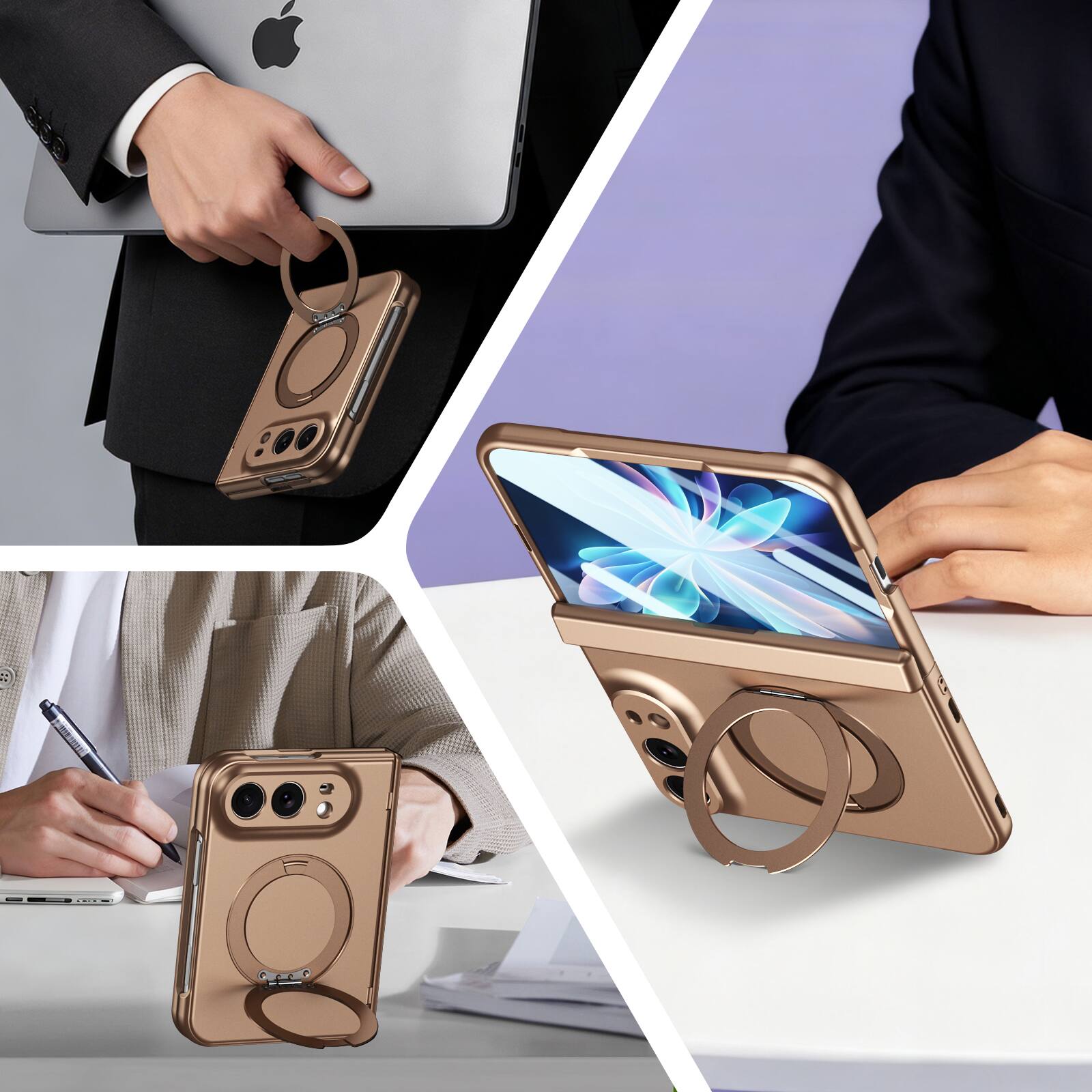 Alt View 3. UUCOVER - Magnetic Kickstand Case with Screen Protector Hinge Cover for Apple iPhone Duo, Compatible with MagSafe Shockproof Shell - Gold.