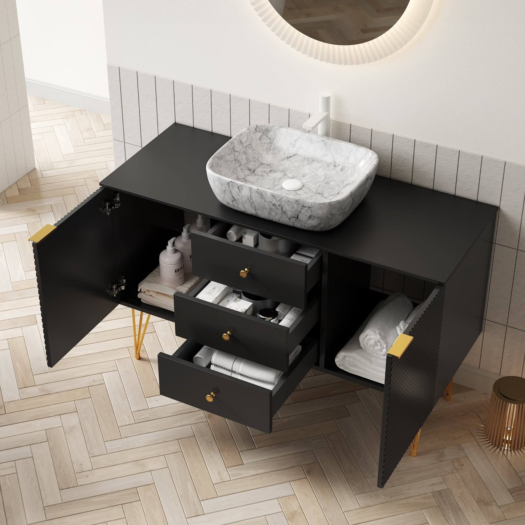 Alt View 2. Boyel Living - 48 Bathroom Vanity with 3 Drawers 2 Doors White Marble Pattern Ceramic Vessel Basin Sintered Stone Black - Black,Stone Gray.