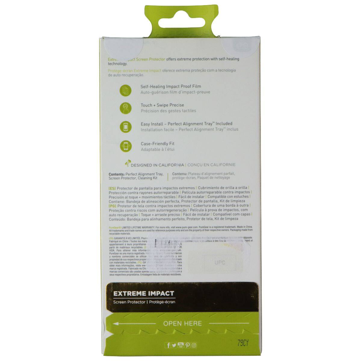 Extreme Impact Screen Protector offers extreme protection with self-healing technology. Protege-écran Extreme Impact offre une extrême protection avec technologie de auto-réparation. Self-Healing Impact Proof Film Auto-guérison film d'impact-preuve. Touch + Swipe Precision Précision des gestes tactiles. Easy Install - Perfect Alignment Tray" Included Installation facile - Perfect Alignment Tray" inclus. Case-Friendly Fit Adaptable à l'étui. DESIGNED IN CALIFORNIA CONCU EN CALIFORNIE. Contents: Perfect Alignment Tray, Screen Protector, Cleaning Kit. Contenu: Plateau d'alignement parfait, Protège-écran, Kit de nettoyage.
