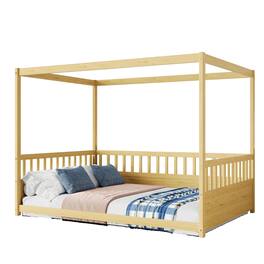 Ecooso - Full Size Canopy Bed Frame with Guardrails for Kids,Floor Bed Full with Four Poster Design,Wood Canopy Bed Frame - Natural Wood