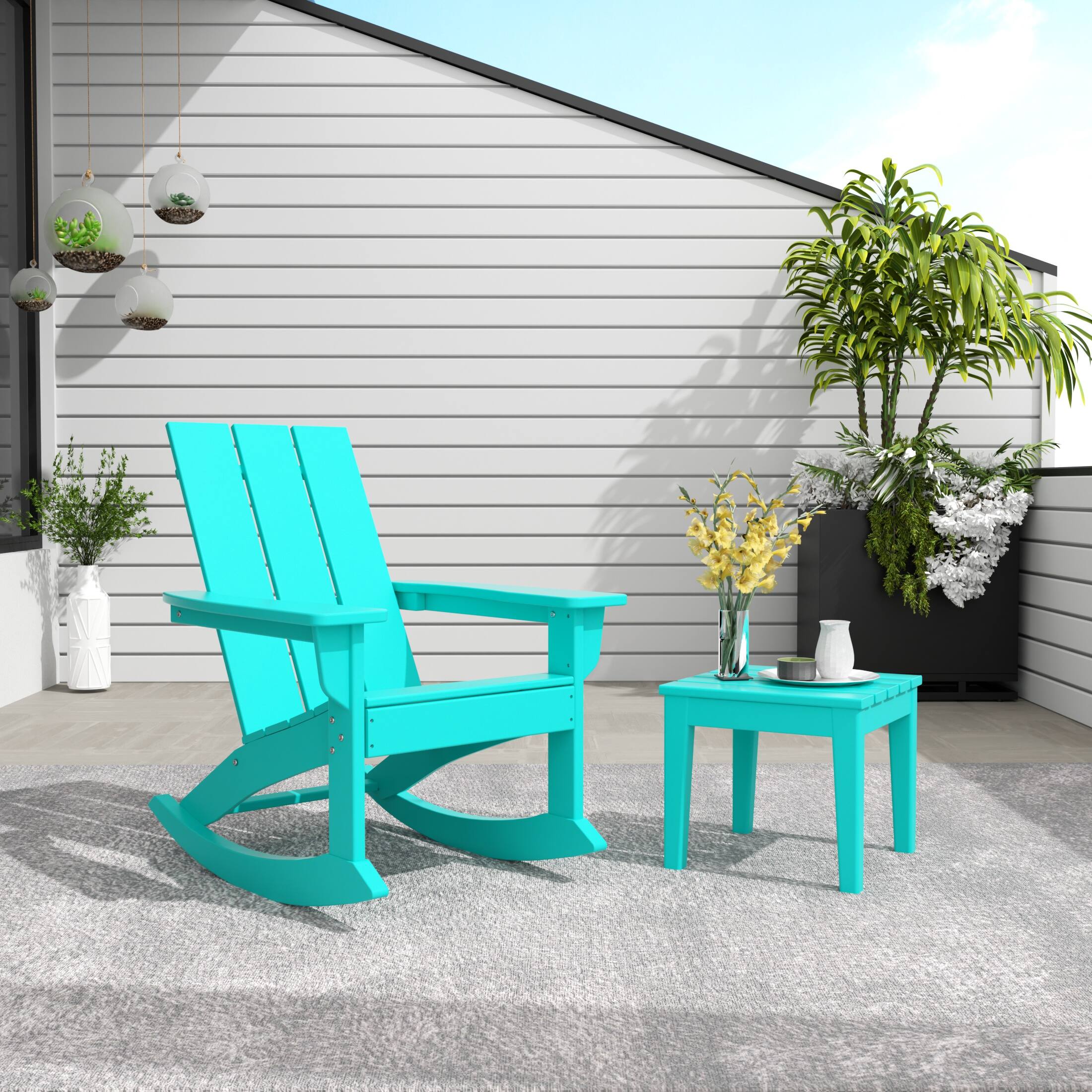 Angle. WestinTrends - WestinTrends Ashore 2-Pieces Set Modern Plastic Outdoor Rocking Chair with Square Side Table - Turquoise.