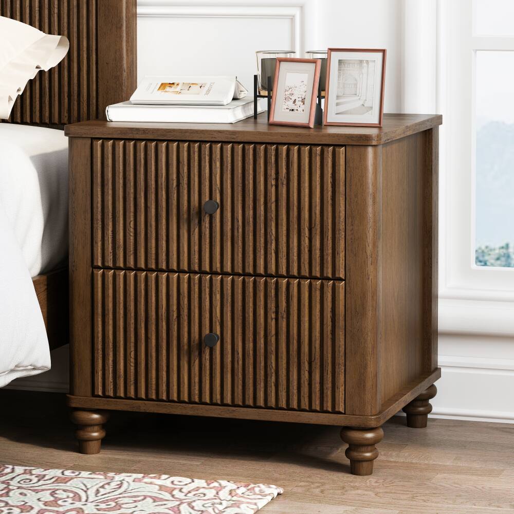 Angle. JUJABU - Mid Century Wood Fluted Nightstand with 3 Drawers and Metal Handle for Bedroom, Walnut - Walnut .