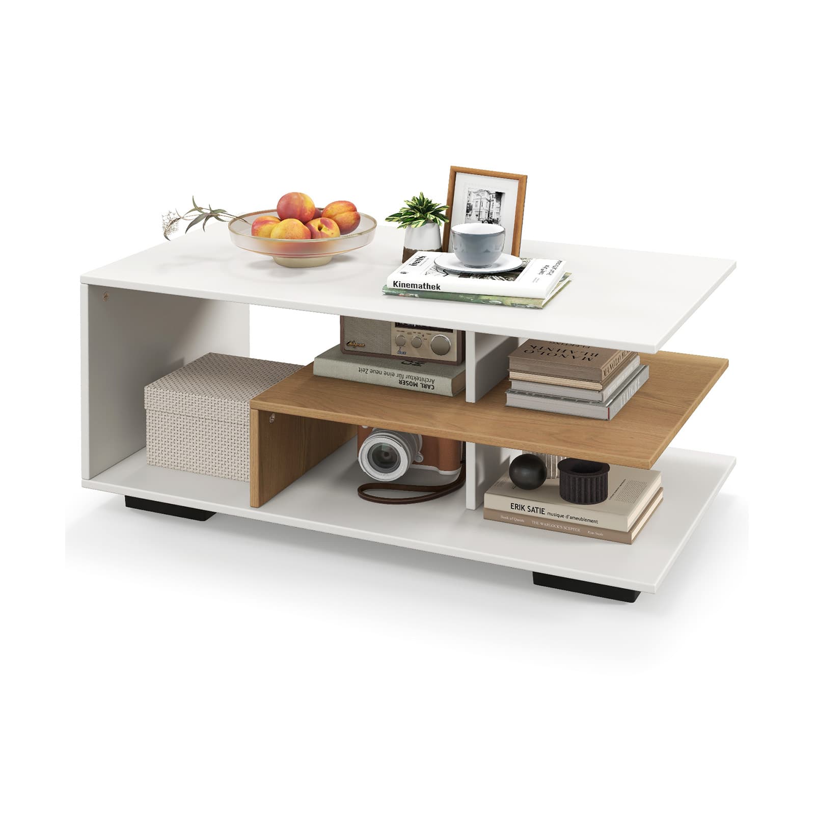Ecooso - Modern Rectangular Coffee Table with L-Shaped Middle Shelf, Space-Saving Design for Living Room - White