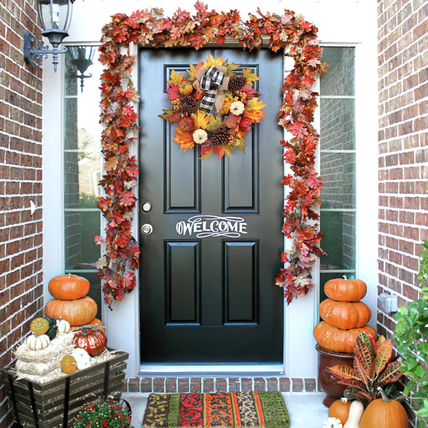 Alt View 1. GARVEE - 20" Fall Wreath for Front Door, Artificial Maple Leaves, Pumpkin, Pinecones & Berries, Black and White Plaid Ribbon - Green.
