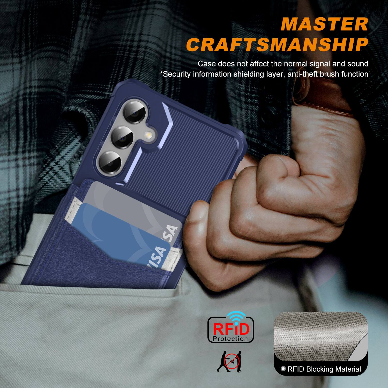 MASTER CRAFTSMANSHIP  
Case does not affect the normal signal and sound  
*Security information shielding layer, anti-theft brush function  

RFID Protection  
RFID Blocking Material