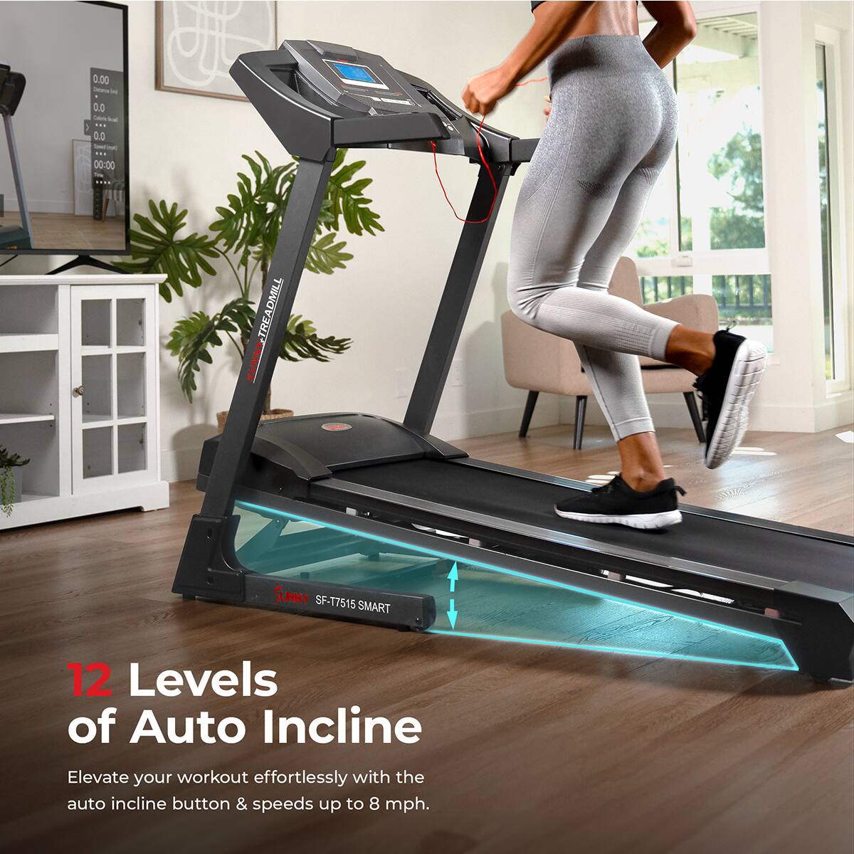 0.00 - 0.0 -o - I 0.0 - 00:00 - Y-TREADMILL ADMILL TREA SUNN SUNNY SF-T7515 SMART 12 Levels of Auto Incline Elevate your workout effortlessly with the auto incline button & speeds up to 8 mph.