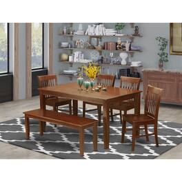 East West Furniture - 6 Pc Dining room set with bench set-Table and 4 Dining Chairs and Bench - Mahogany