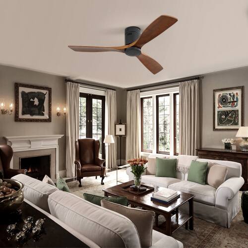 Angle. LUCKY ONE - 52" Wood Ceiling Fan No Light Remote 3 Solid Wood Blades DC Motor - Black.