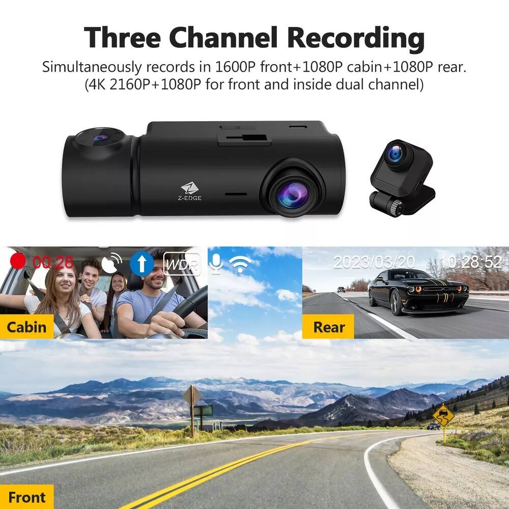 Three Channel Recording Simultaneously records in 1600P front+1080P cabin+1080P rear. (4K 2160P+1080P for front and inside dual channel) Z-EDGE 00:28 WDR 2023/03/20 10:28:52 Cabin Rear Front