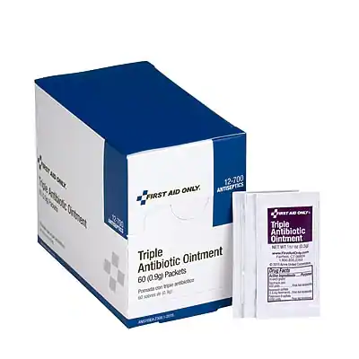 Triple Antibiotic Ointment
Antibiotic Packets 60 (0.9g)
First Aid Only
Triple Antibiotic Ointment
60 (0.9g) Packets
For external use only. Antibiotic ointment.
60 packets in 1 box.