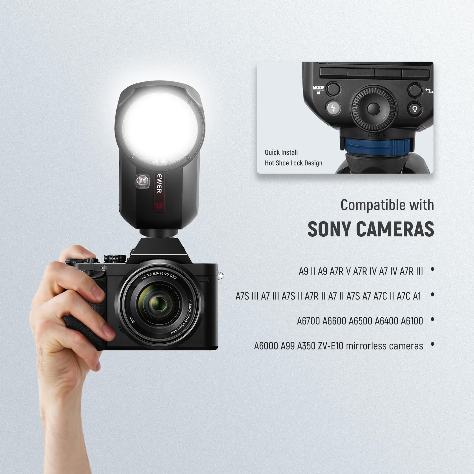 MODE . 5 Q LOCK EWER Quick Install Hot Shoe Lock Design Compatible with SONY CAMERAS S 55-58/20-70 NS TE Ehometan I I SY A9 II A9 A7R V A7R IV A7 IV A7R III A7S III A7 III A7S II A7R II A7 II A7S A7 A7C II A7C A1 A6700 A6600 A6500 A6400 A6100 A6000 A99 A350 ZV-E10 mirrorless cameras