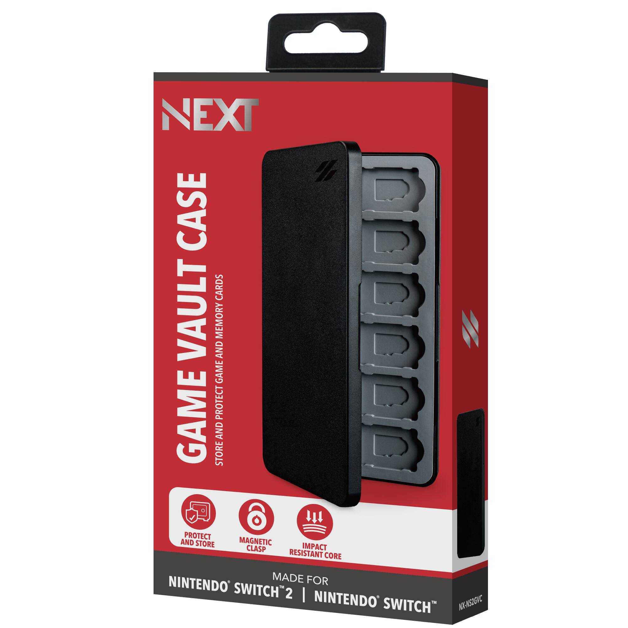 NEXT GAME VAULT CASE  
STORE AND PROTECT GAME CARDS, GAME AND MEMORY  
PROTECT AND STORE  
MAGNETIC CLASP  
IMPACT RESISTANT CORE  
MADE FOR NINTENDO SWITCH™ 2 | NINTENDO NX™